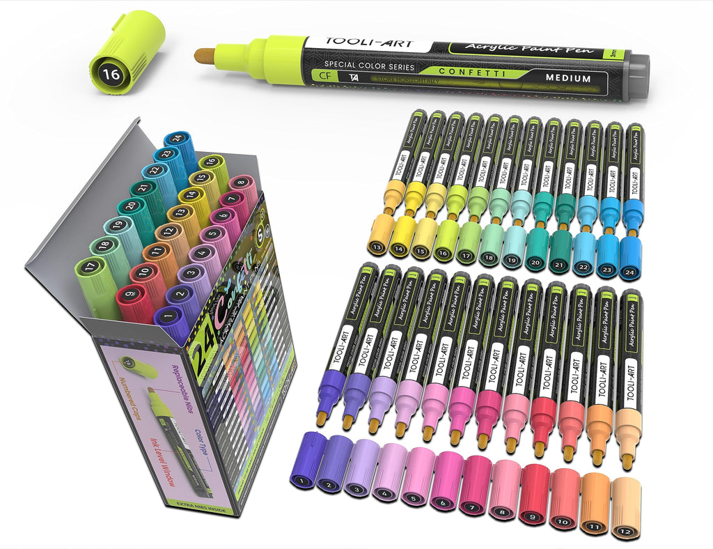 24 Confetti Acrylic Paint Pens - 3mm Medium Tip Markers