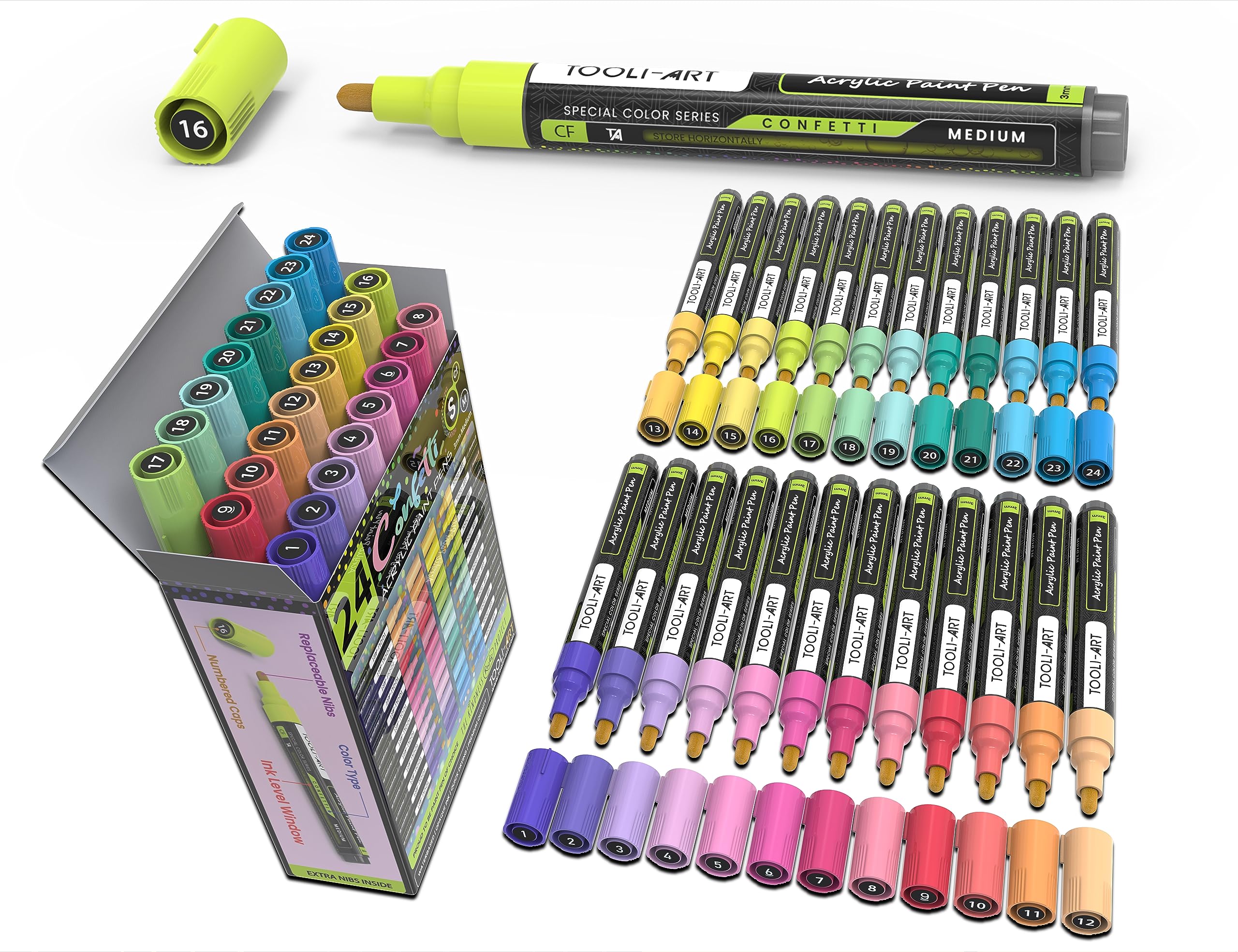 24 Confetti Acrylic Paint Pens - 3mm Medium Tip Markers