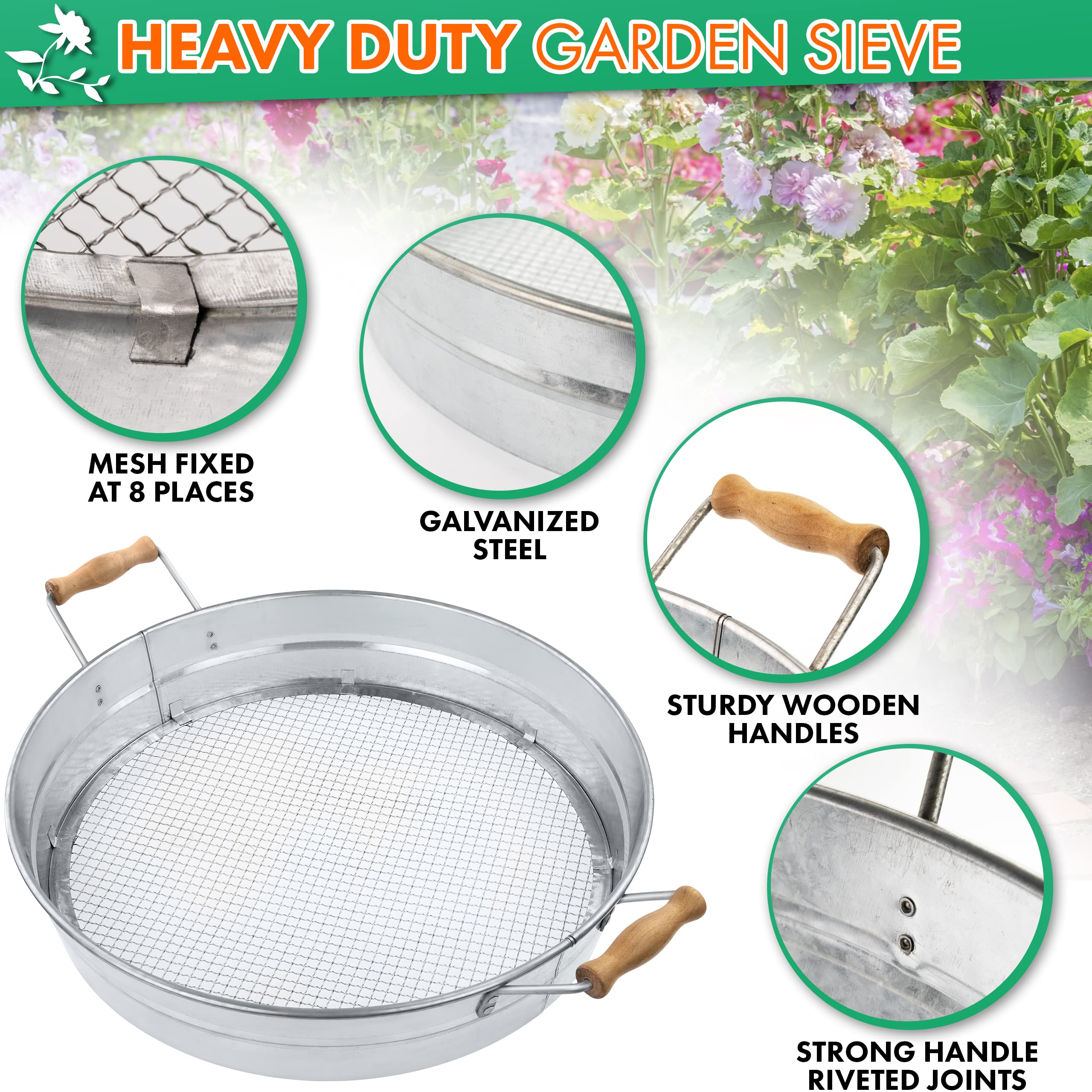 IDSWorld Galvanized Garden Sieve – Soil Shifter with Wooden Handles