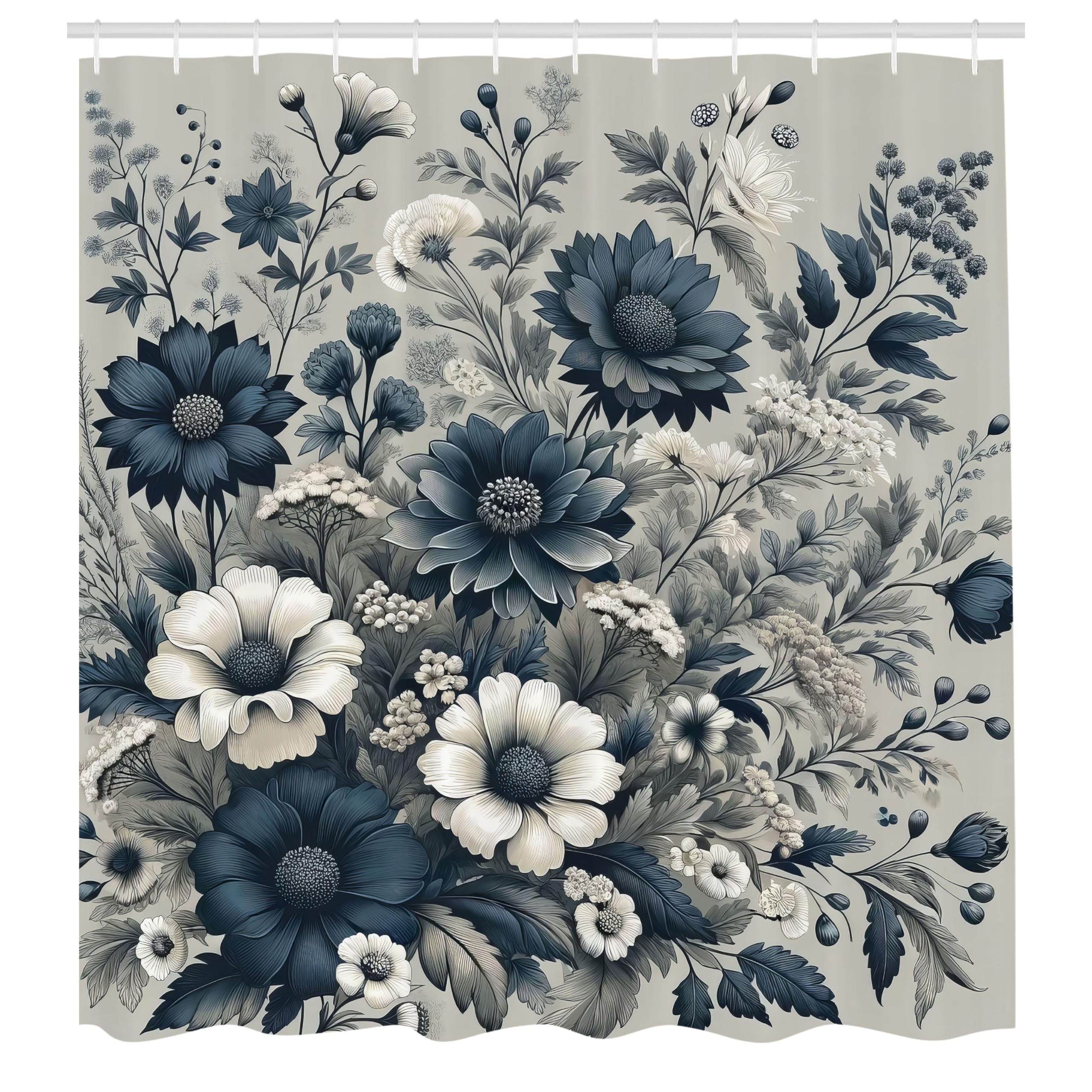 Abakuhaus Navy Blue Floral Fabric Shower Curtain | Waterproof & Washable
