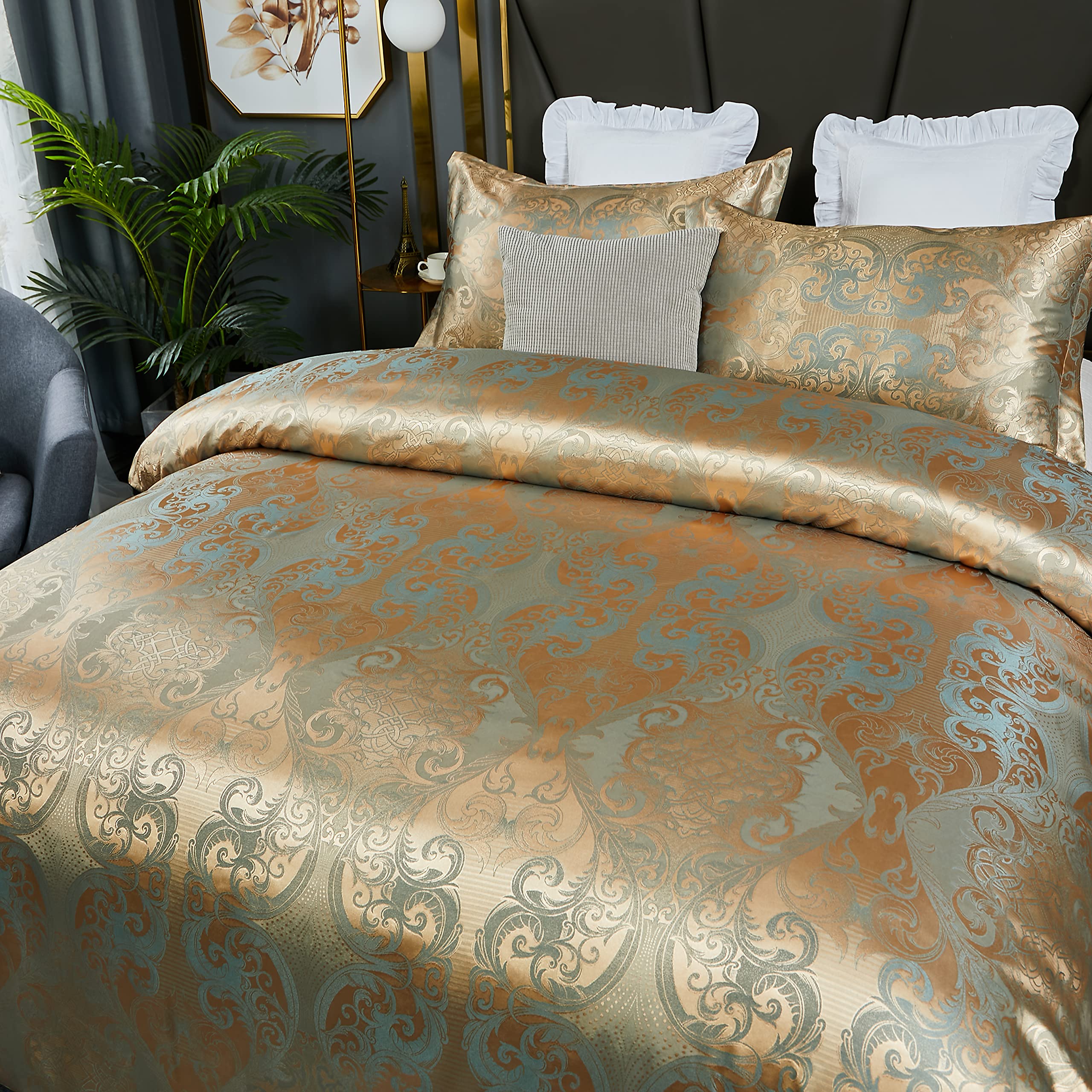 HMtideby Gold Jacquard Duvet Cover Set | Double Microfiber Bedding