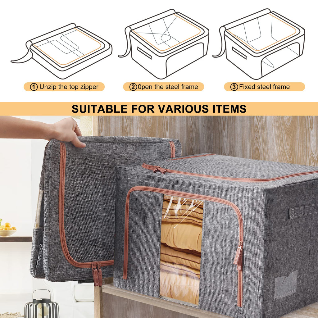 66L Steel Frame Storage Box – Stackable Cotton Linen Bin (3-Pack)