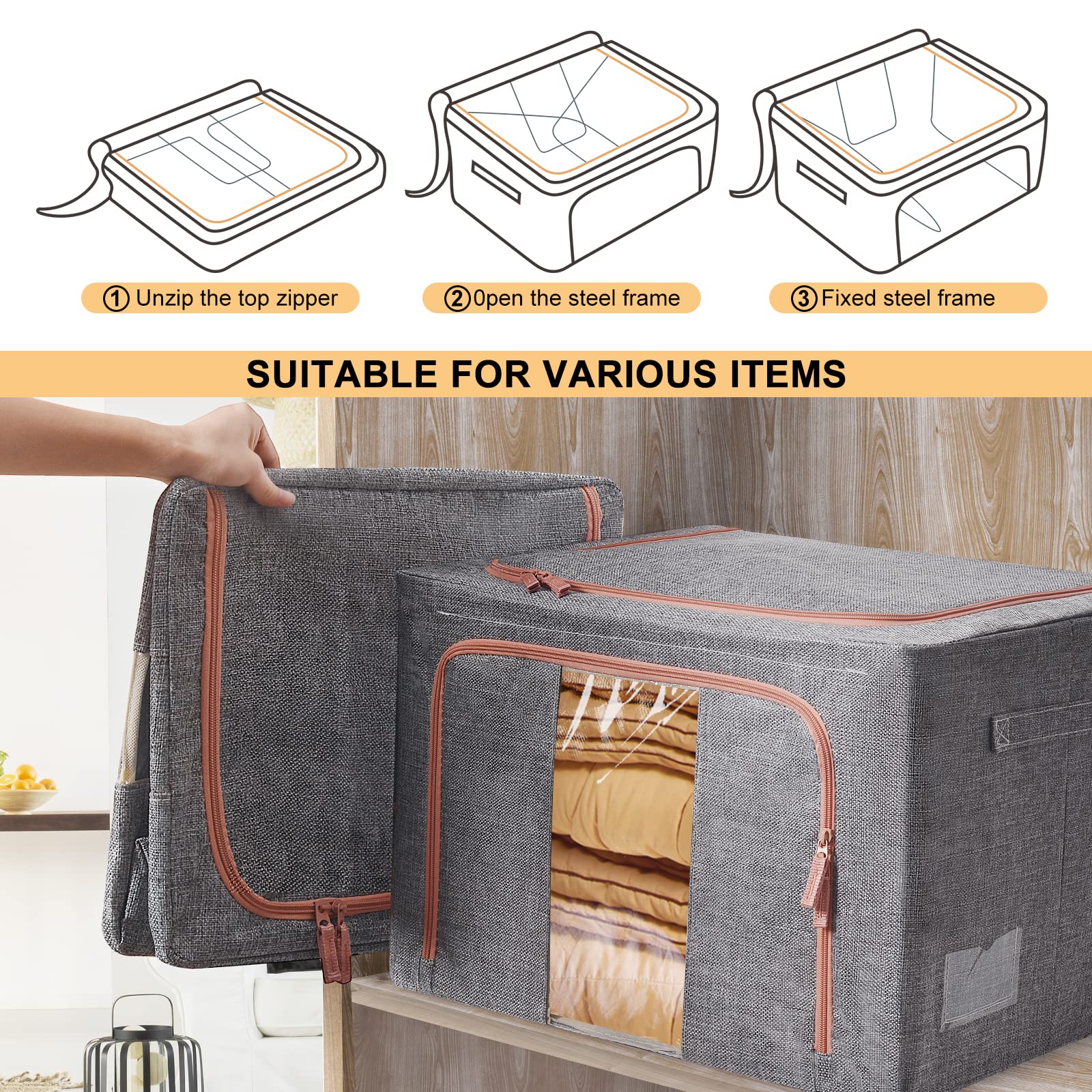 66L Steel Frame Storage Box – Stackable Cotton Linen Bin (3-Pack)