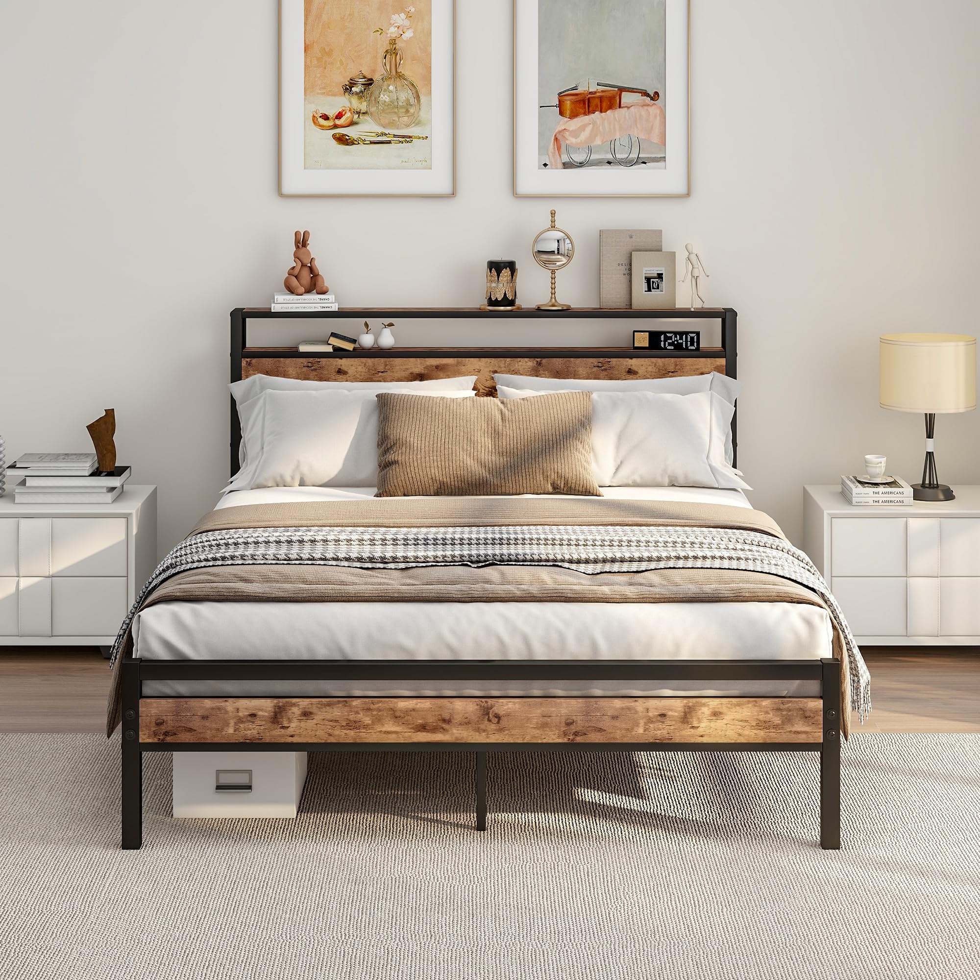 HOJINLINERO King Size Metal Bed Frame with 2-Tier Storage Headboard