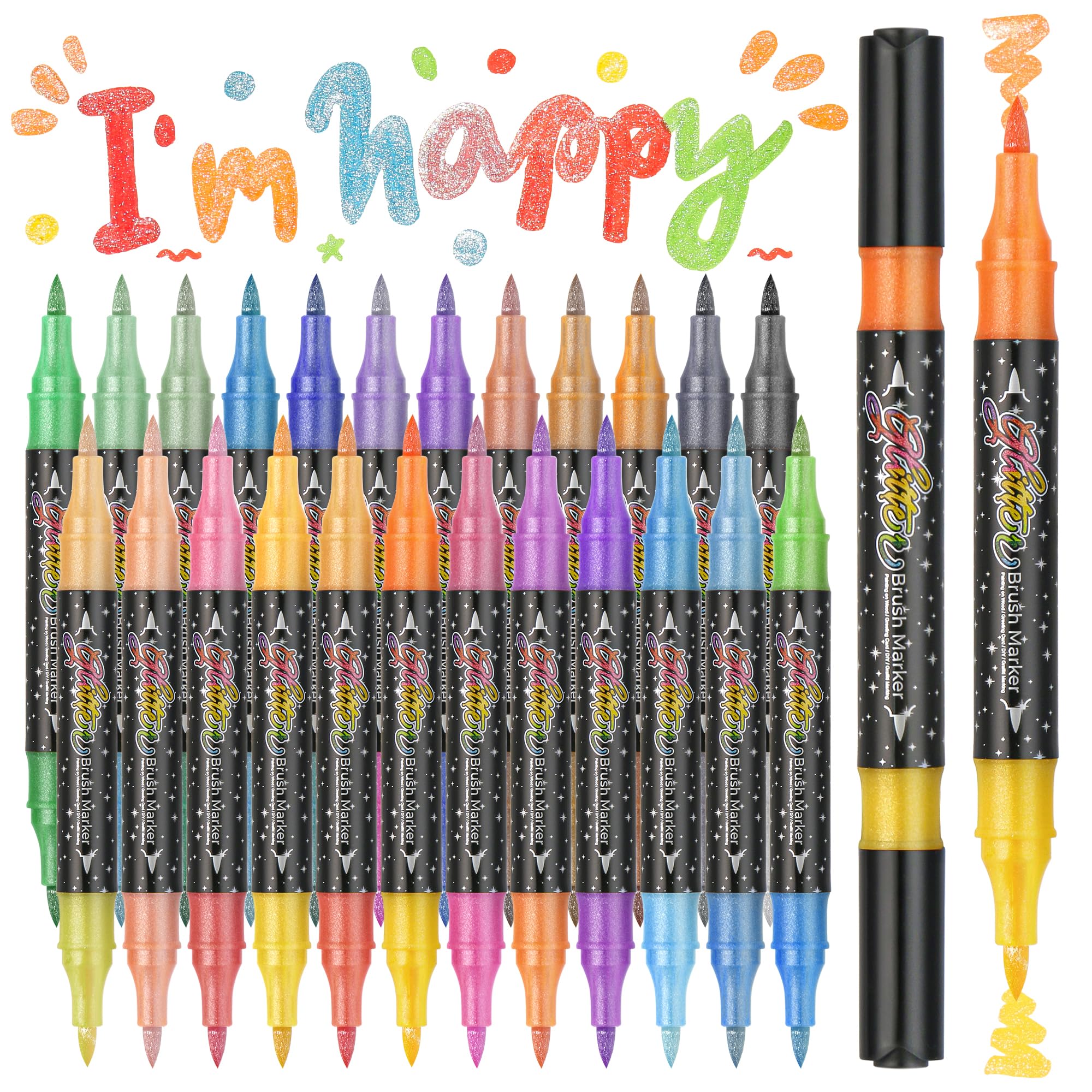 ZSCM 48 Colors Duo Glitter Brush Markers – 24 Pack Dual Tip Metallic Pens