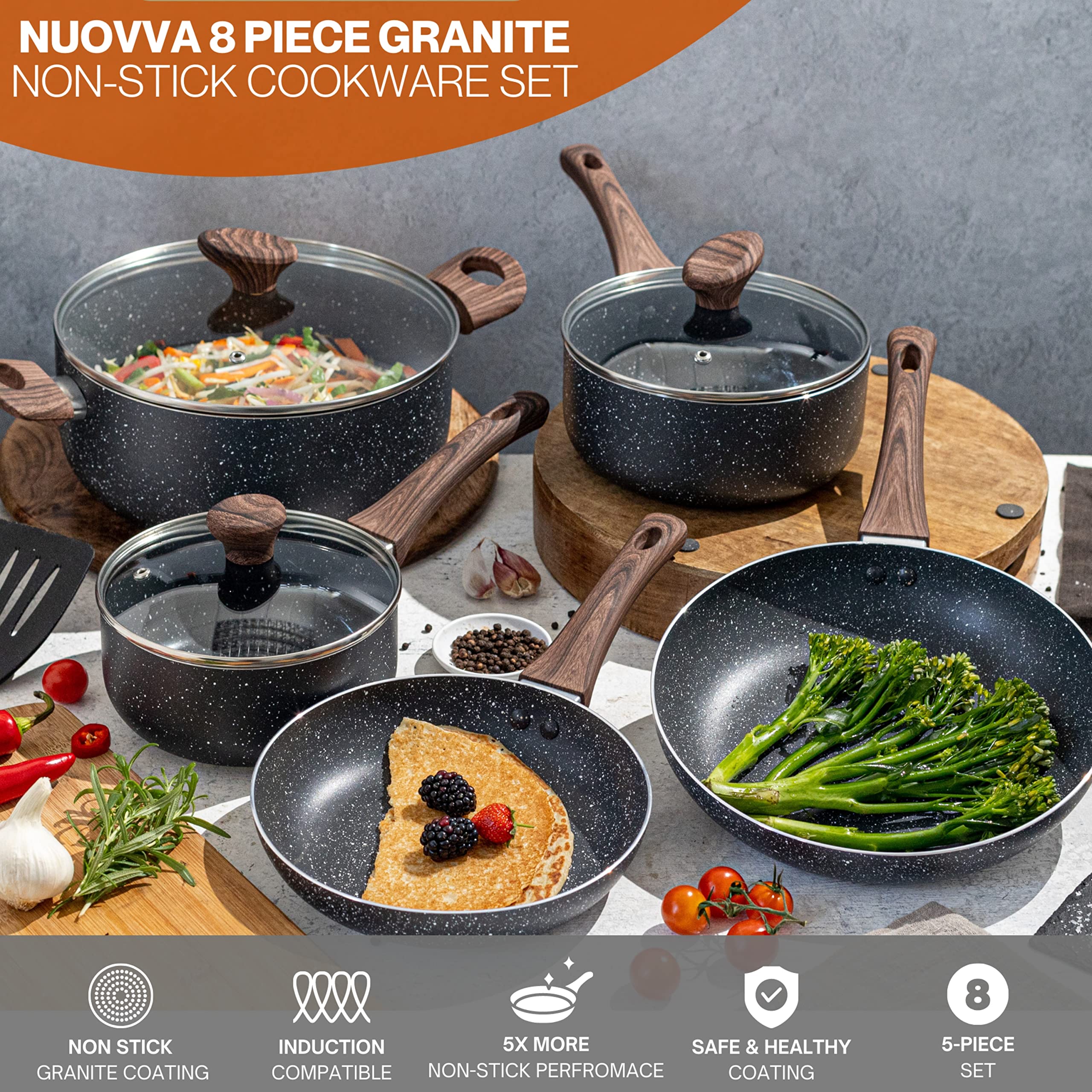 Nuovva 8-Piece Non-Stick Marble Cookware Set – Induction Pots and Pans