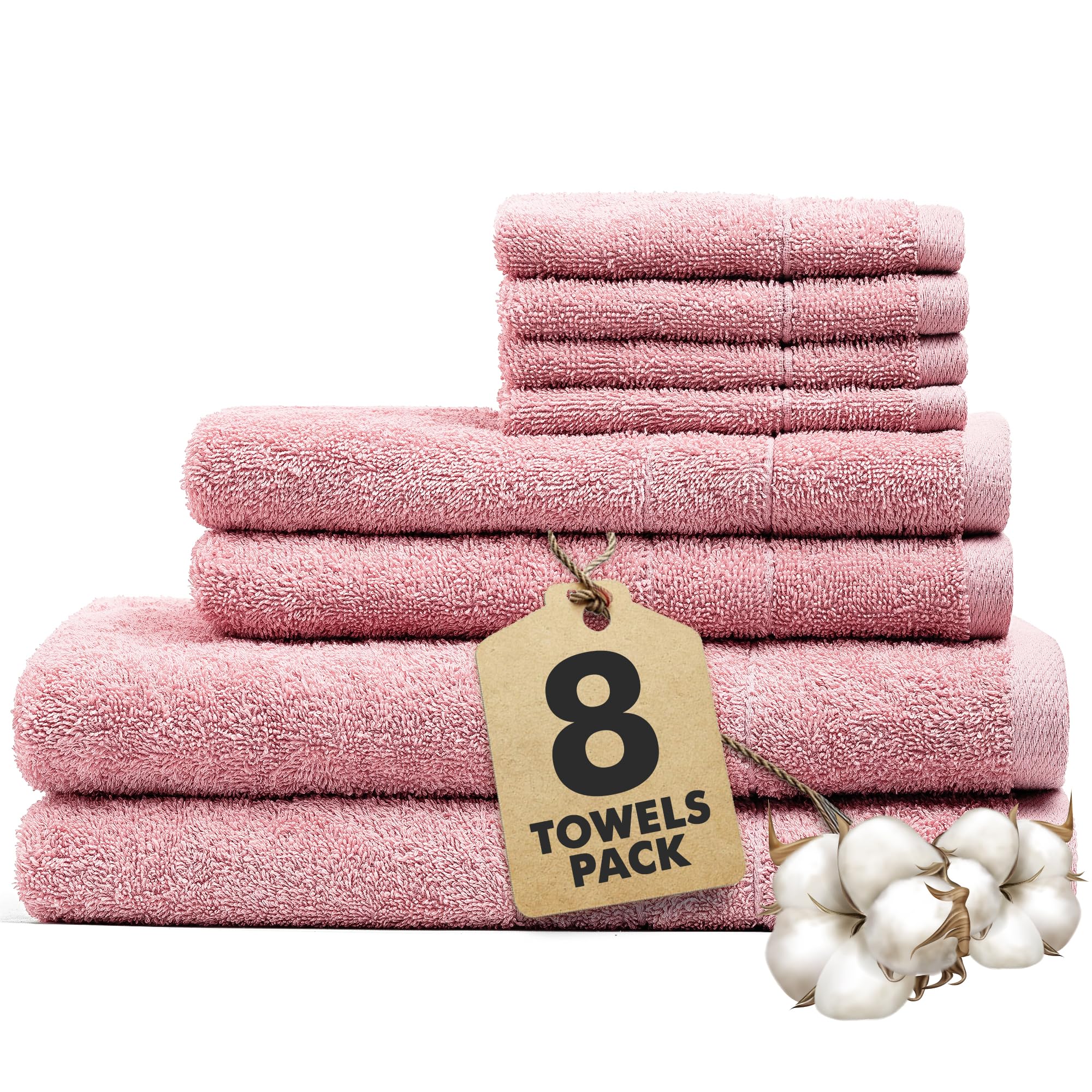 Novo Home 8-Piece Cotton Bath Towel Set – Soft & Quick Dry, Baby Pink