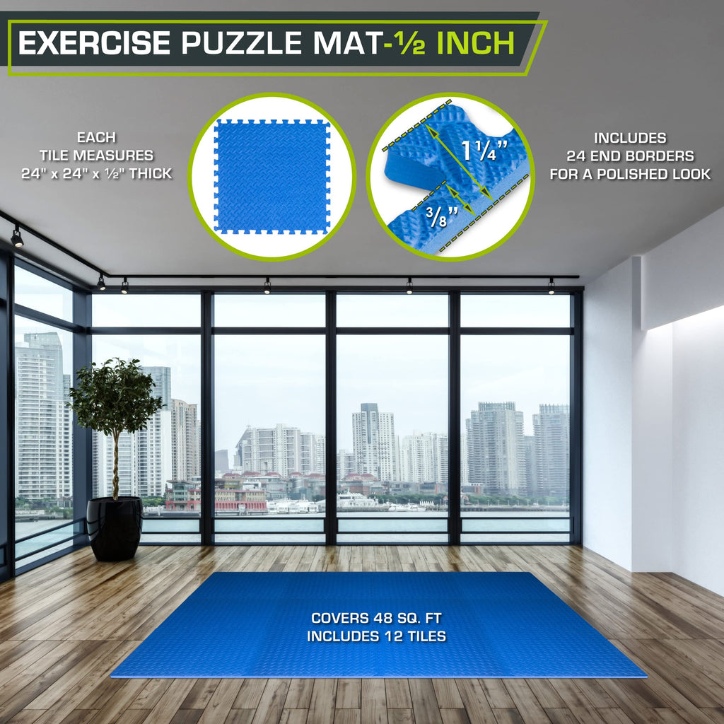 ProsourceFit Puzzle Exercise Mat – 1/2 in EVA Interlocking Foam Tiles, Blue