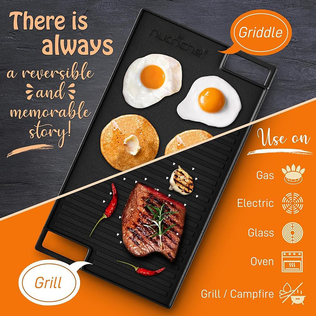 Nutrichef Reversible Cast Iron Grill Plate – 45.7cm Flat & Ridged Griddle Pan