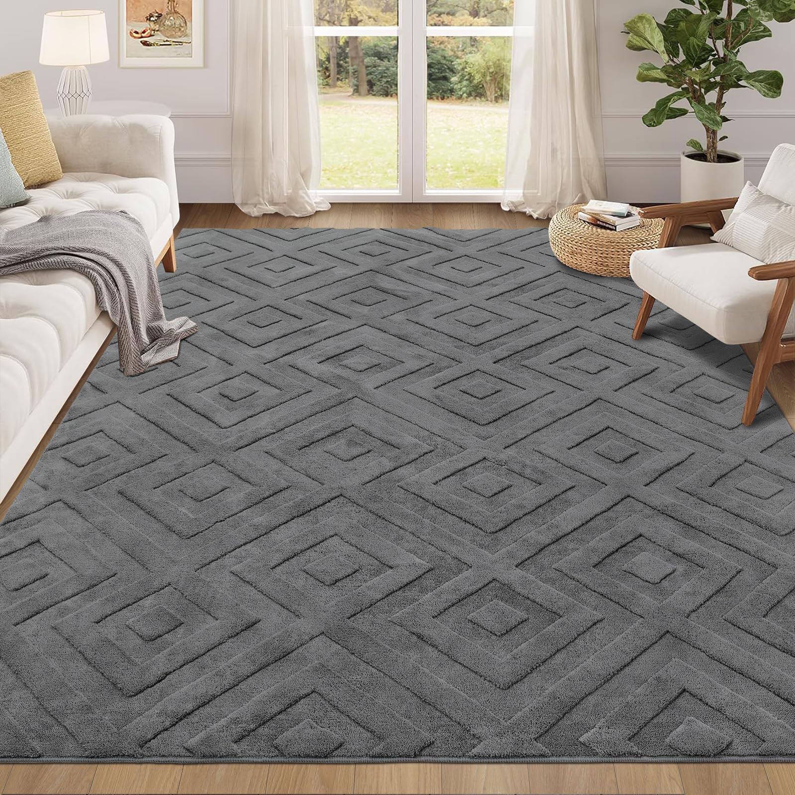Enyhom Washable Geometric Area Rug | Non-Slip Soft Modern Grey Carpet