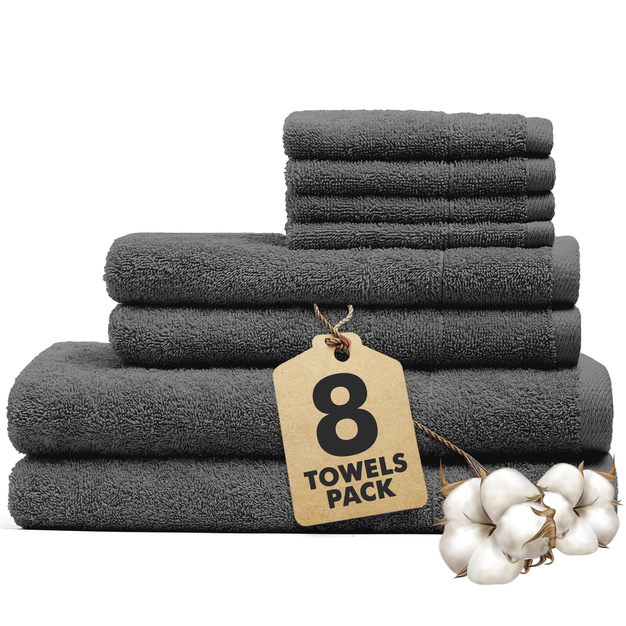 Novo Home 8-Piece Cotton Bath Towel Set – Dark Grey Absorbent Bale