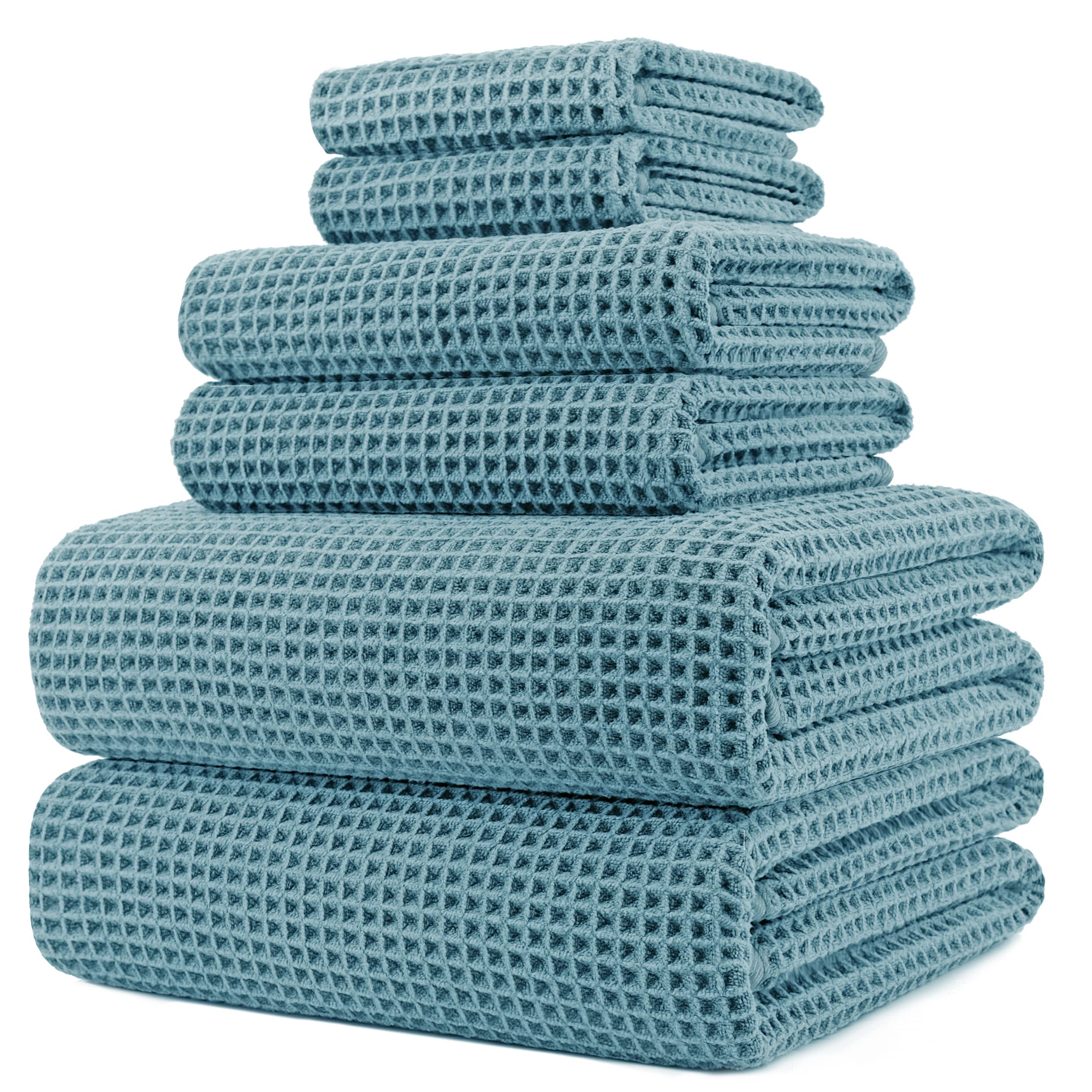 Polyte Microfiber Bath Towel Set - 6 Piece Quick Dry Waffle Weave - Green