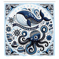 Abakuhaus Marine Shower Curtain | Nautical Whale & Octopus Fabric Decor