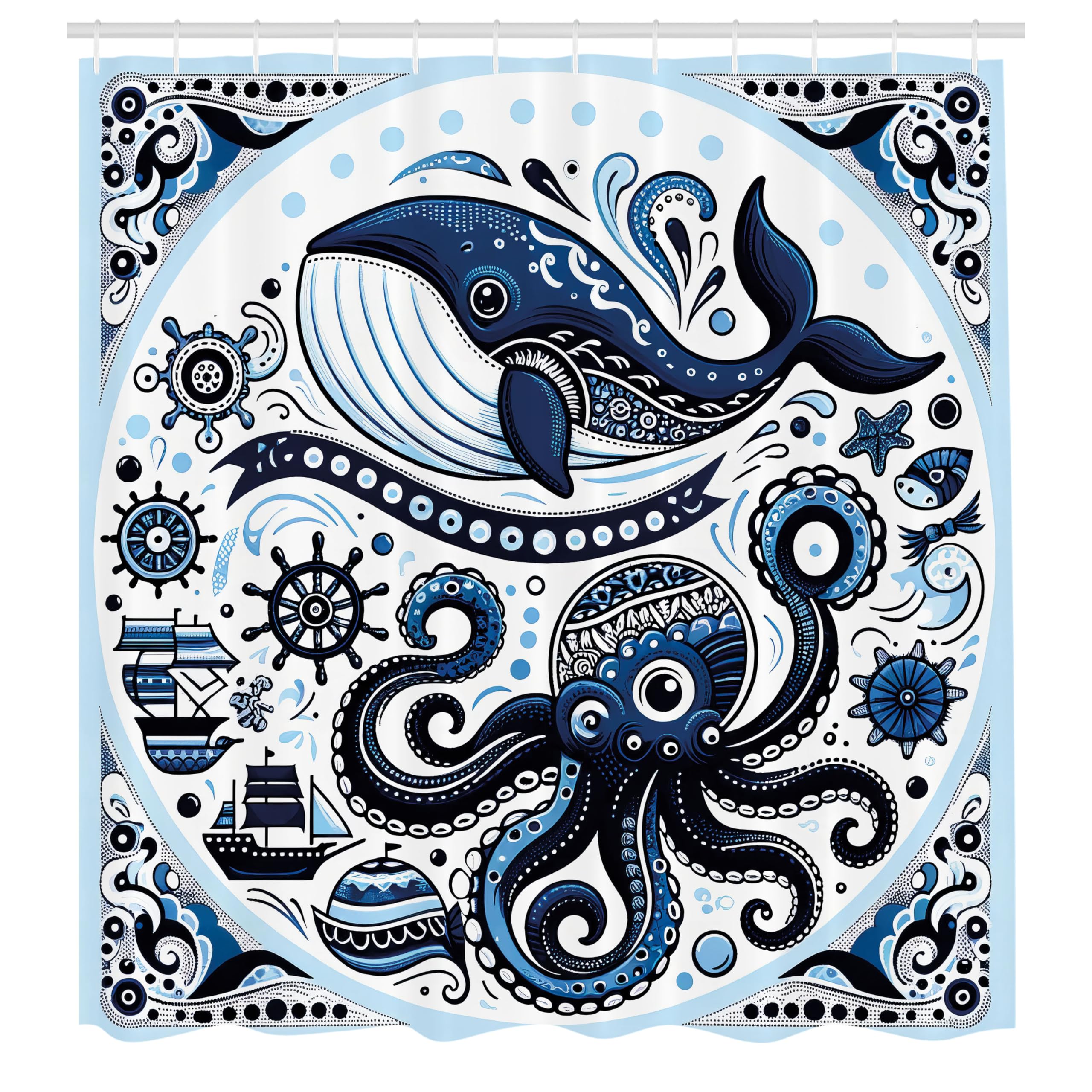 Abakuhaus Marine Shower Curtain | Nautical Whale & Octopus Fabric Decor