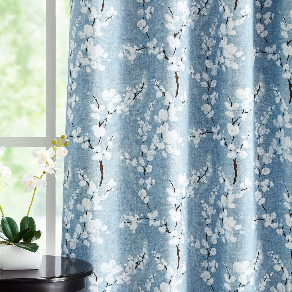 Fmfunctex Blue Floral Blackout Curtains | Thermal Insulated Eyelet Drapes
