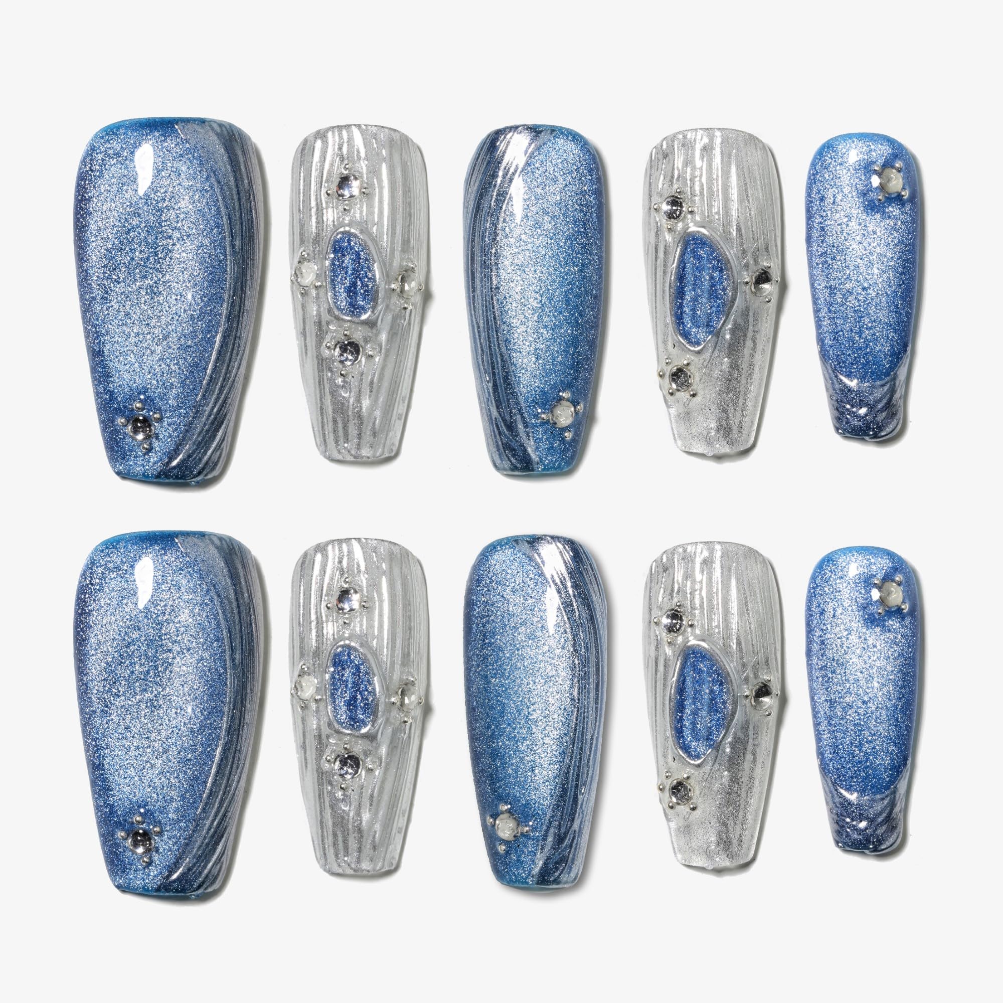 Sun&Beam Nails Handmade Coffin Press-on Nails | Blue Silver Cat Eye
