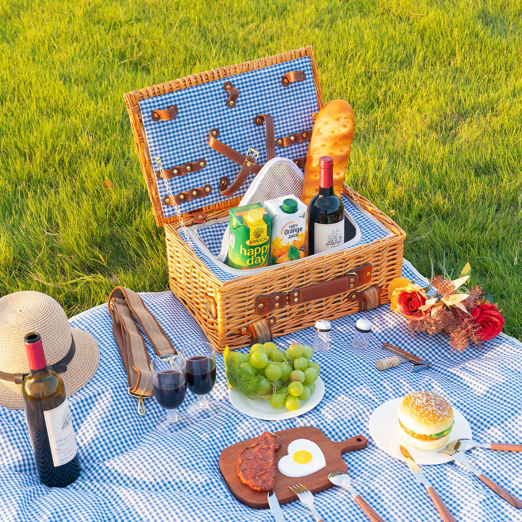 DHAEE Wicker Picnic Basket Set for 2 with Insulated Cooler and Blanket
