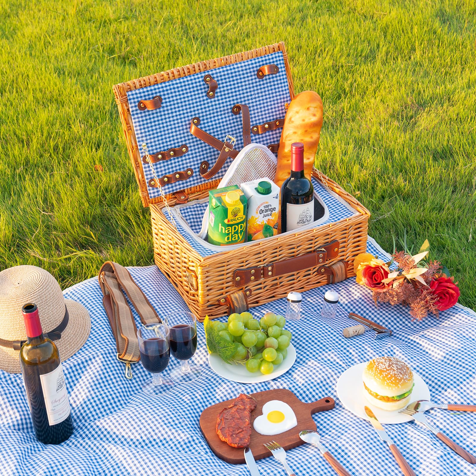 DHAEE Wicker Picnic Basket Set for 2 with Insulated Cooler and Blanket