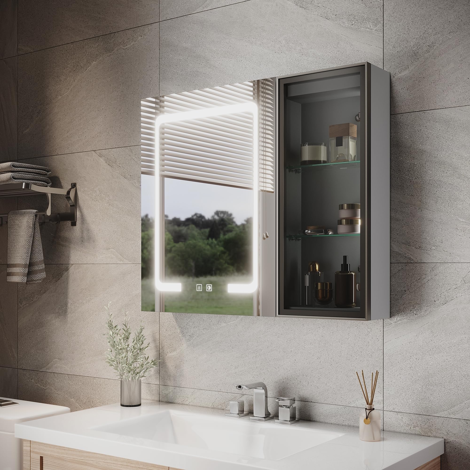 ELEGANT LED Bathroom Mirror Cabinet - 700x600mm Wall Mounted Grey Vanity