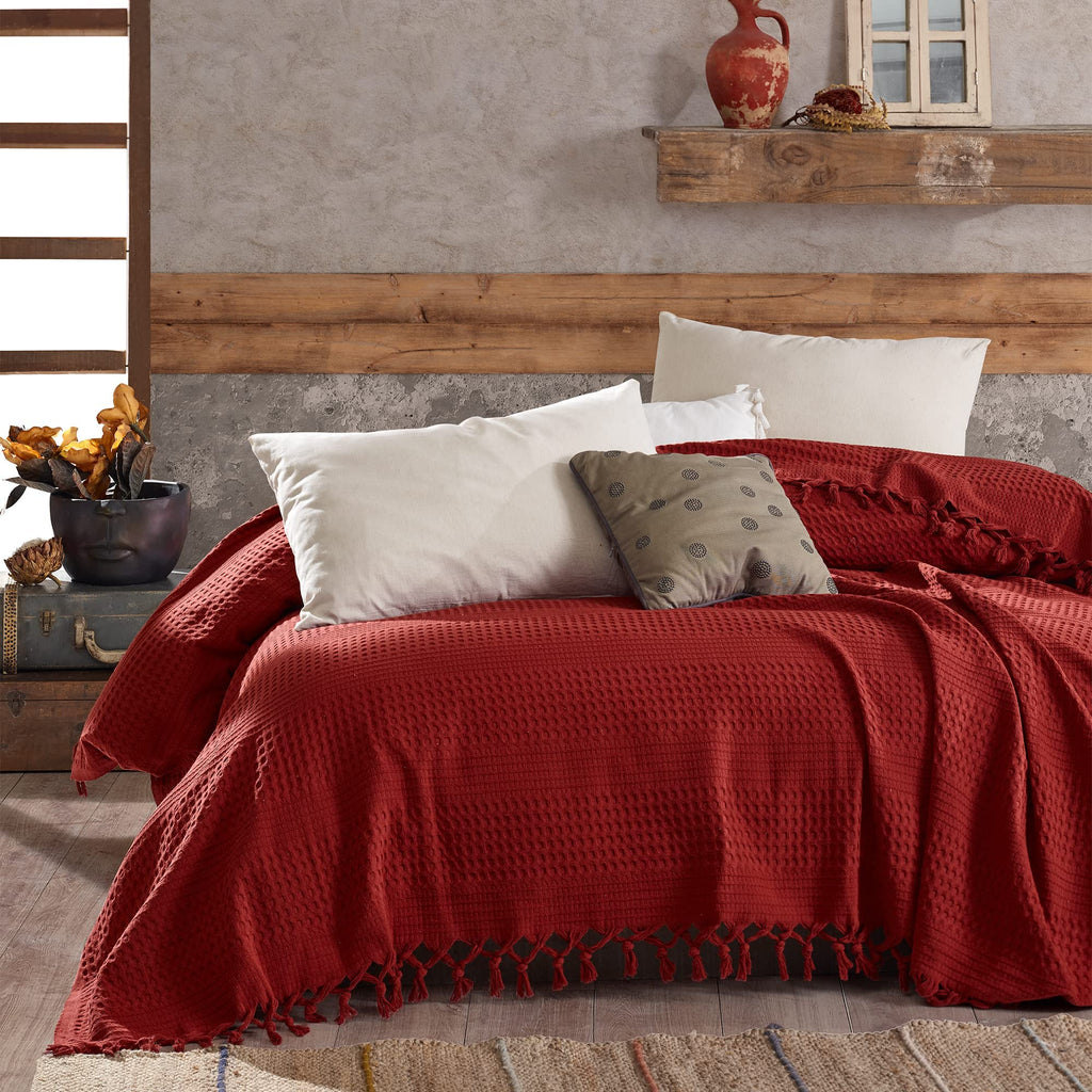 Milam London Burgundy Cotton Waffle Throw Blanket | King Size Bedspread