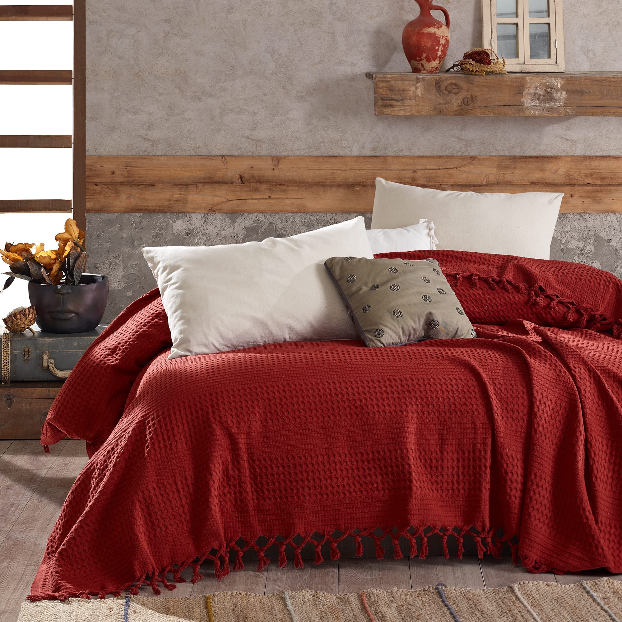 Milam London Burgundy Cotton Waffle Throw Blanket | King Size Bedspread