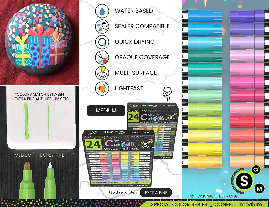 24 Confetti Acrylic Paint Pens - 3mm Medium Tip Markers