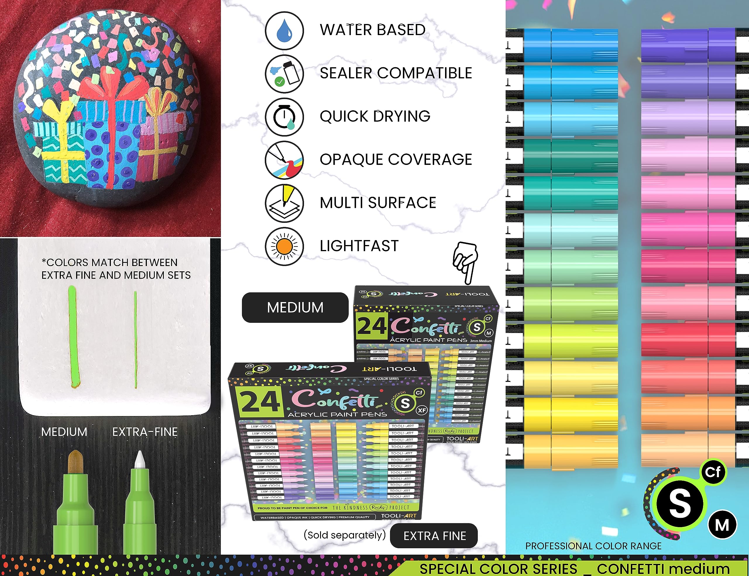 24 Confetti Acrylic Paint Pens - 3mm Medium Tip Markers