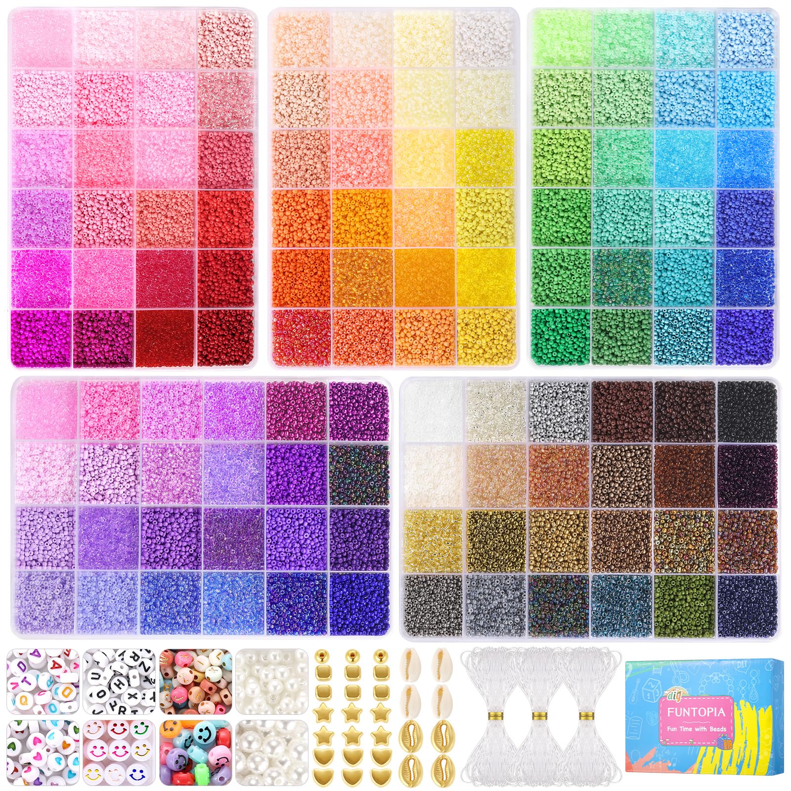 Funtopia 120 Colors Glass Seed Beads Kit | 49000+ Pcs Jewelry Making Set