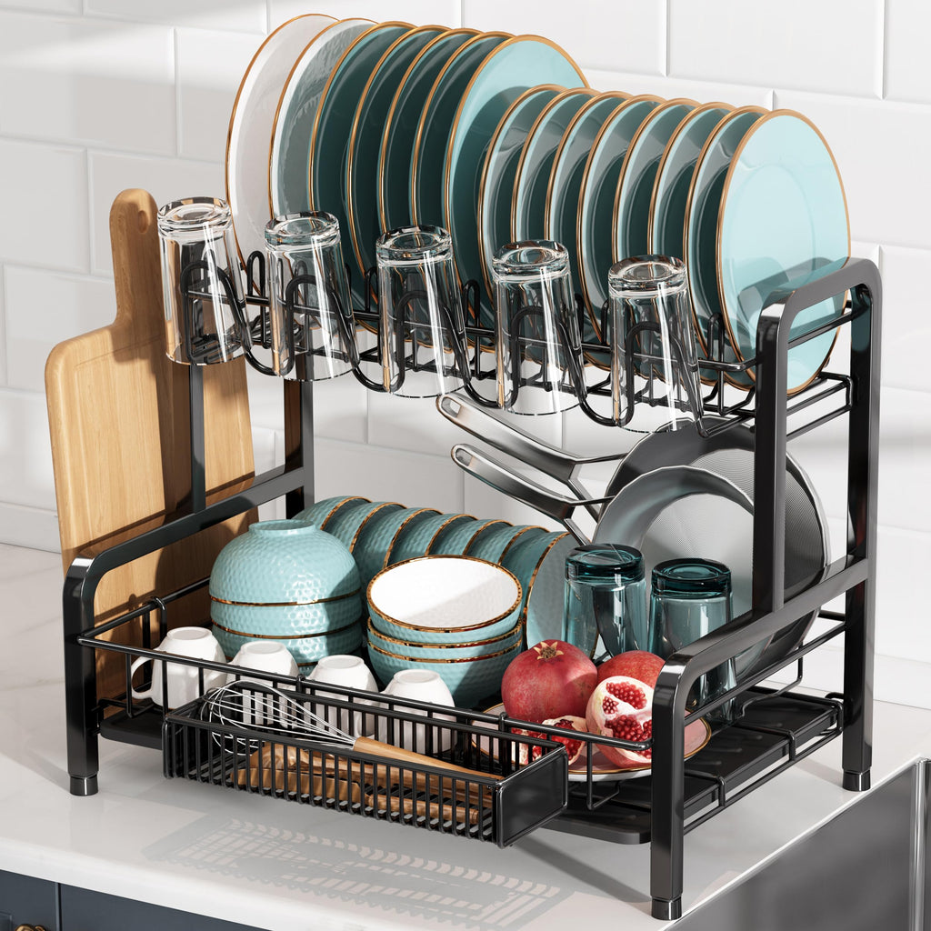 2-Tier Dish Drying Rack – Rustproof Stainless Steel with Drip Tray