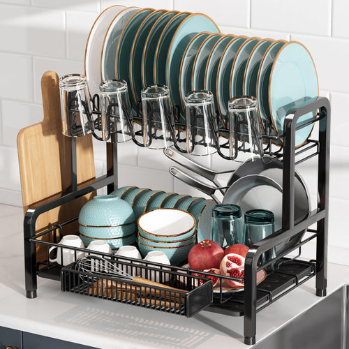 2-Tier Dish Drying Rack – Rustproof Stainless Steel with Drip Tray