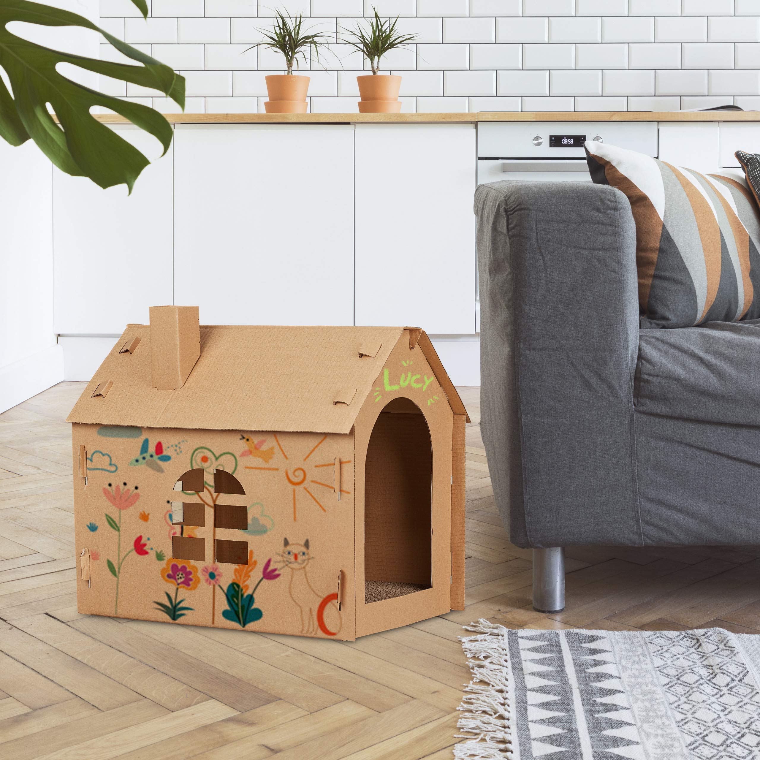 Relaxdays Cardboard Cat House with Scratching Board and Catnip – Brown