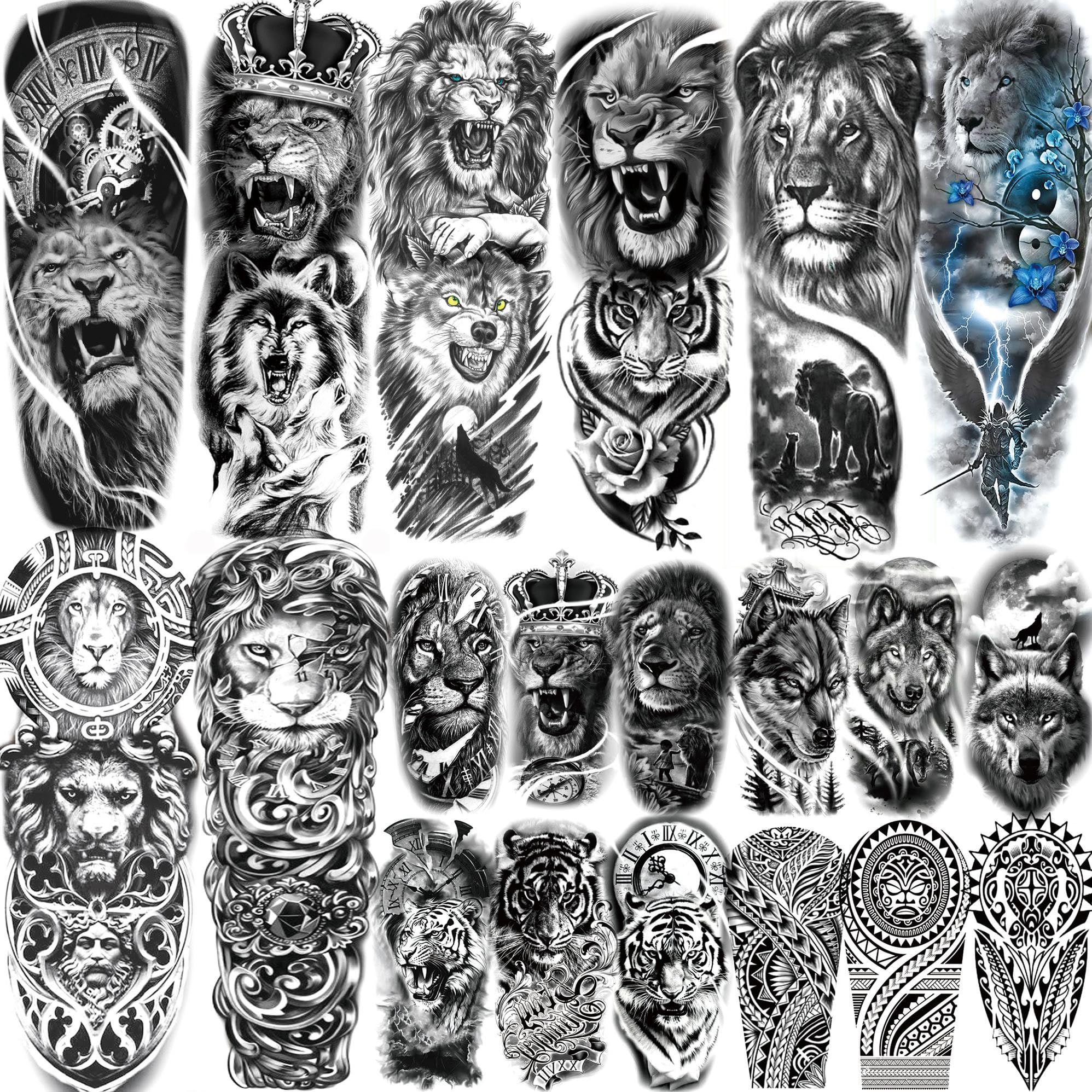 COKTAK Temporary Sleeve Tattoos - 20 Sheets Full Arm Lion & Wolf Designs