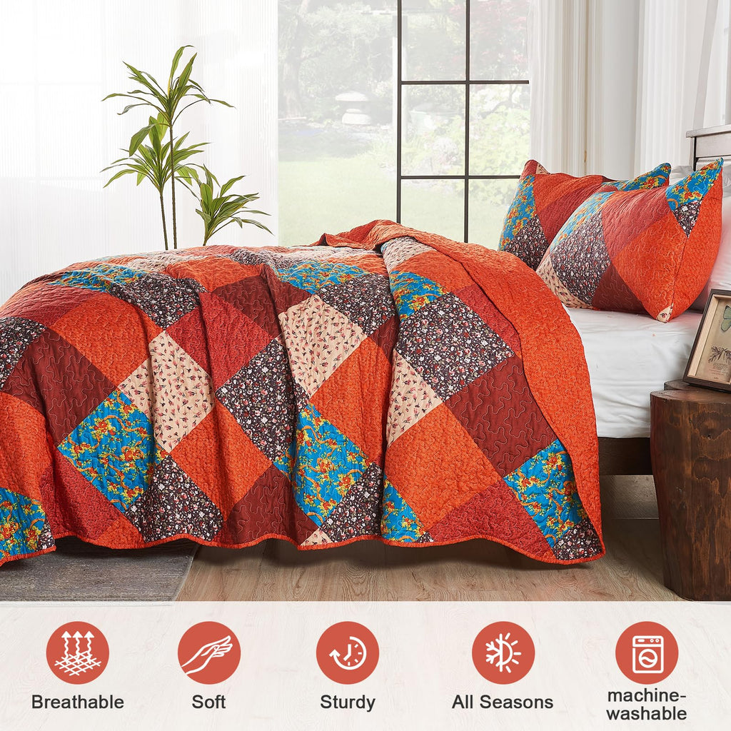 Qucover King Size Patchwork Quilt Set – Floral Microfiber Bedspread