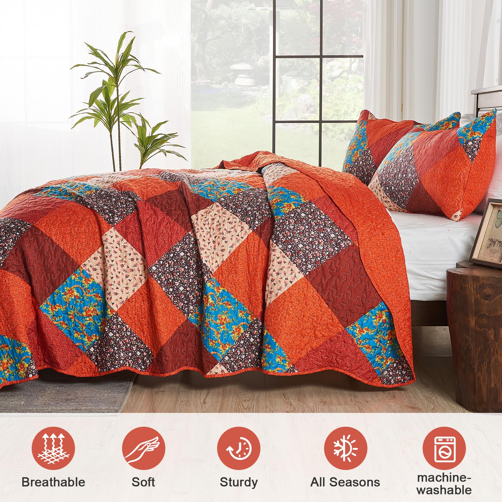 Qucover King Size Patchwork Quilt Set – Floral Microfiber Bedspread