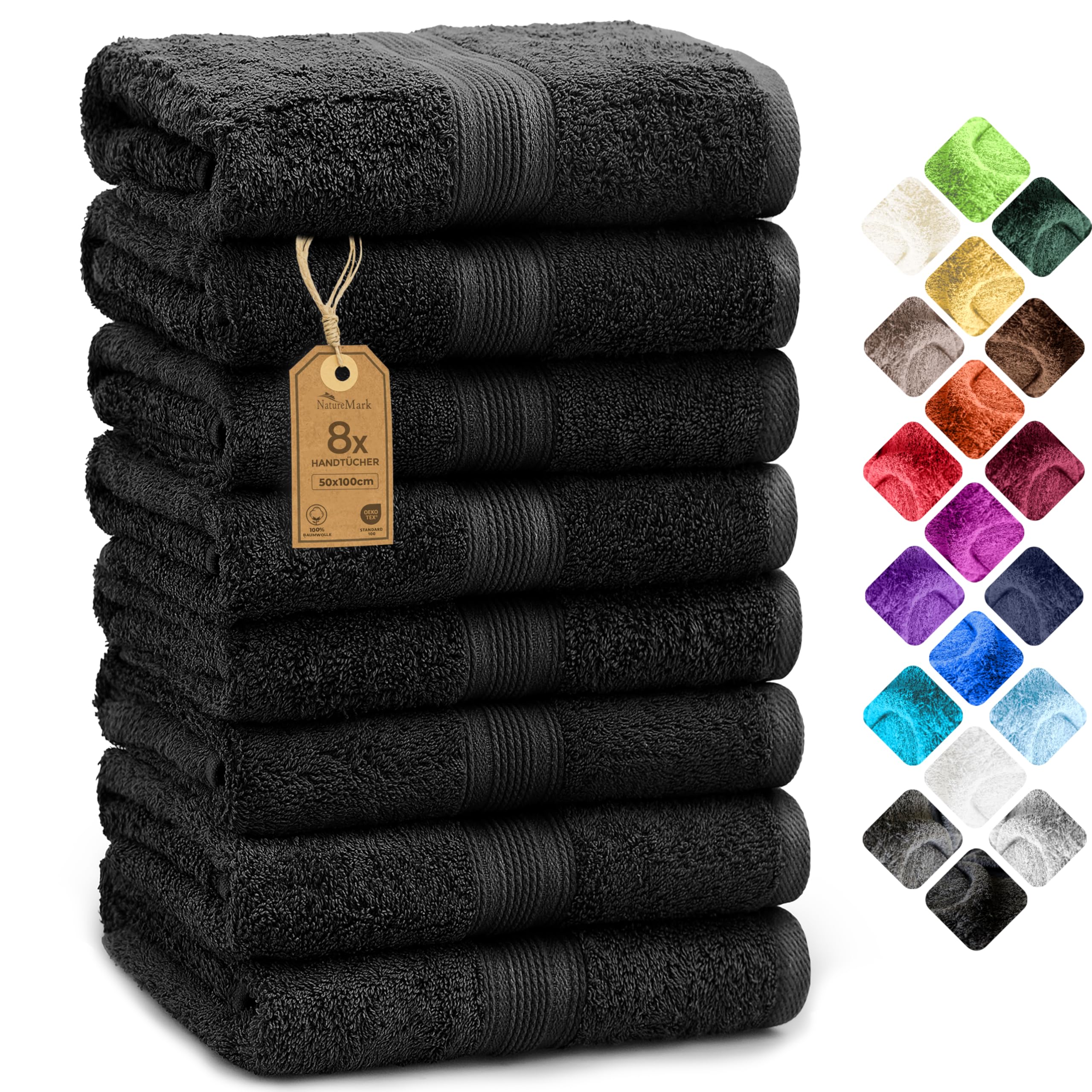 NatureMark 8-Piece Hand Towel Set | 100% Cotton 50x100cm - Black