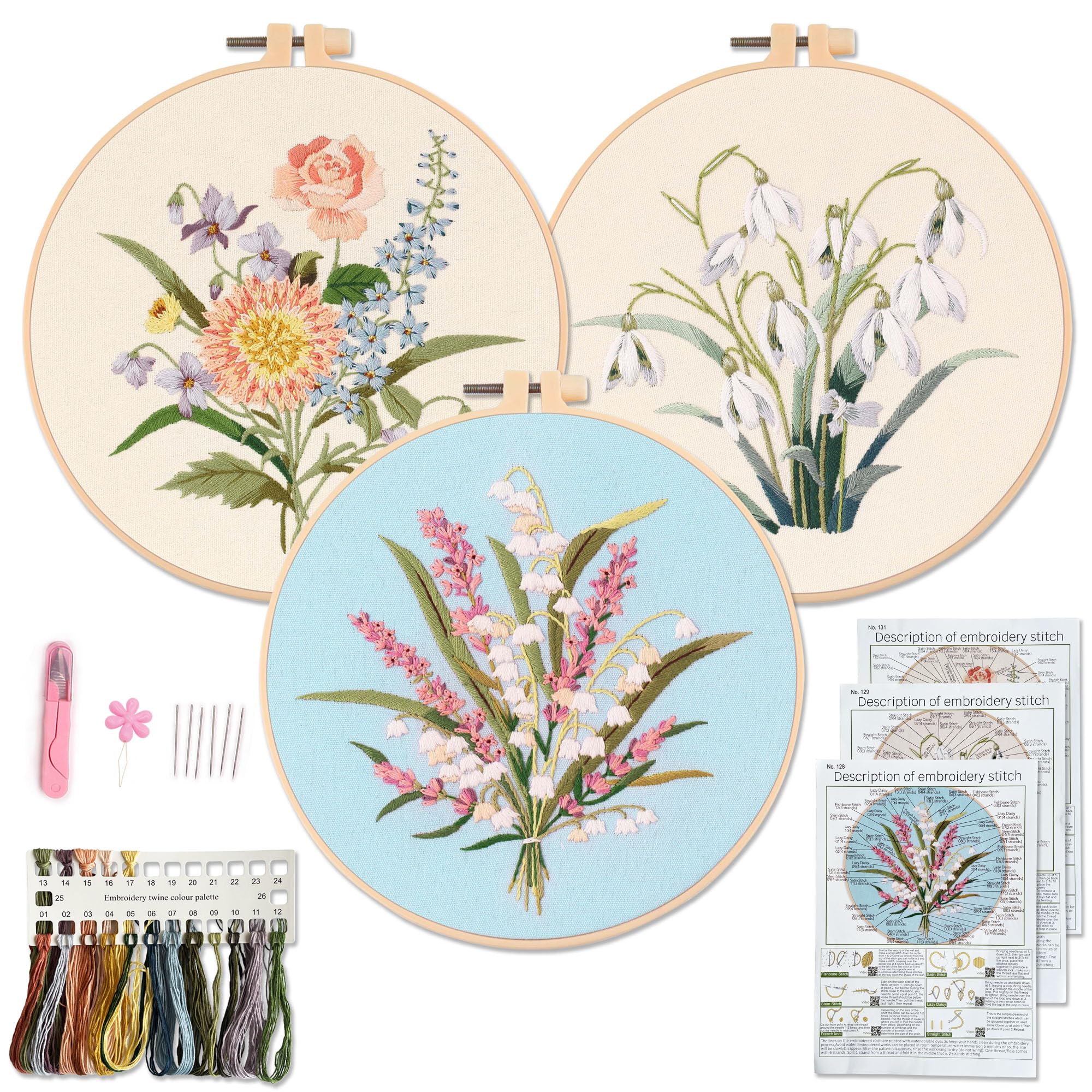 Jolof Store 3-Pack Floral Embroidery Kit for Adults and Beginners