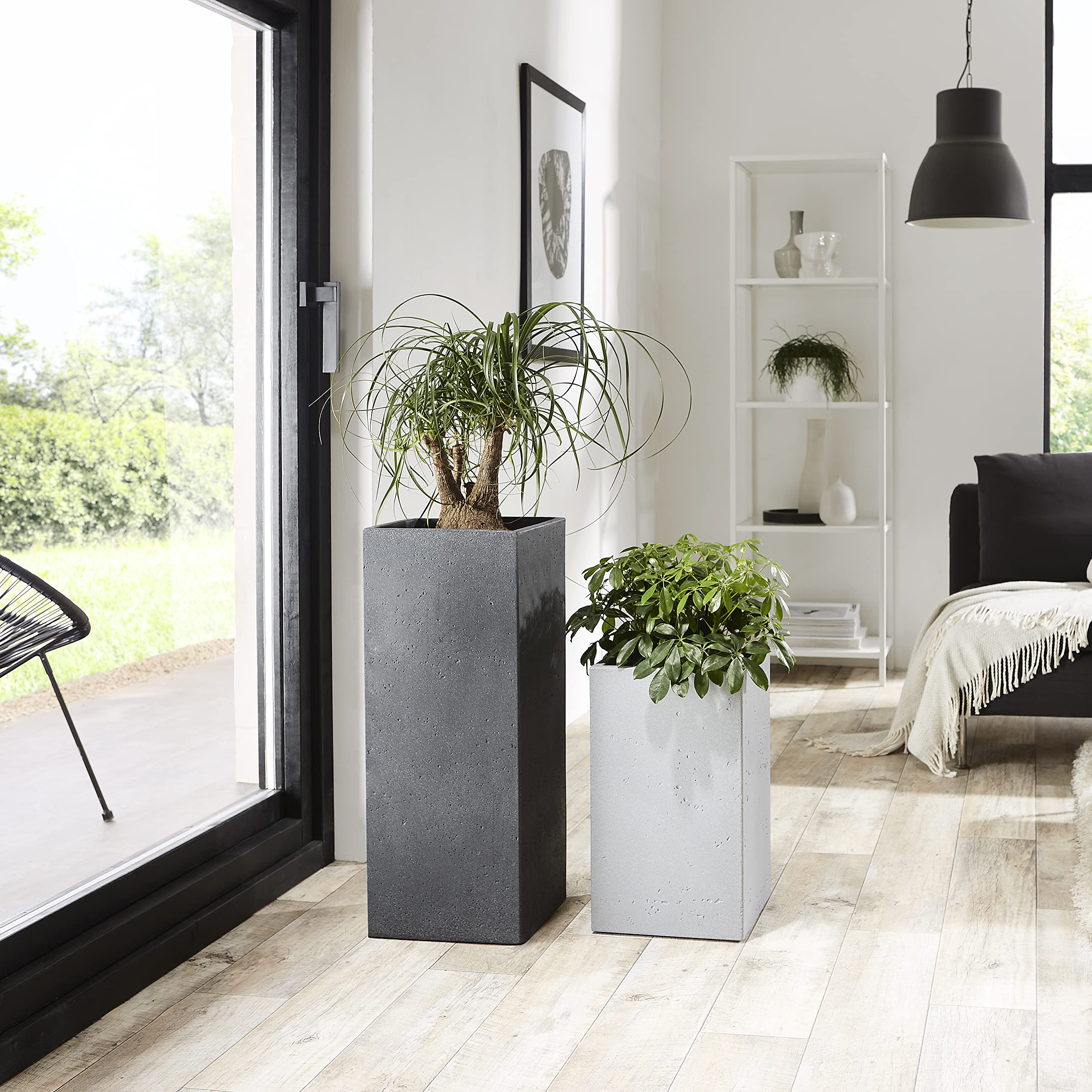 Scheurich Stony Black Tall Square Planter – Concrete Look Outdoor Pot