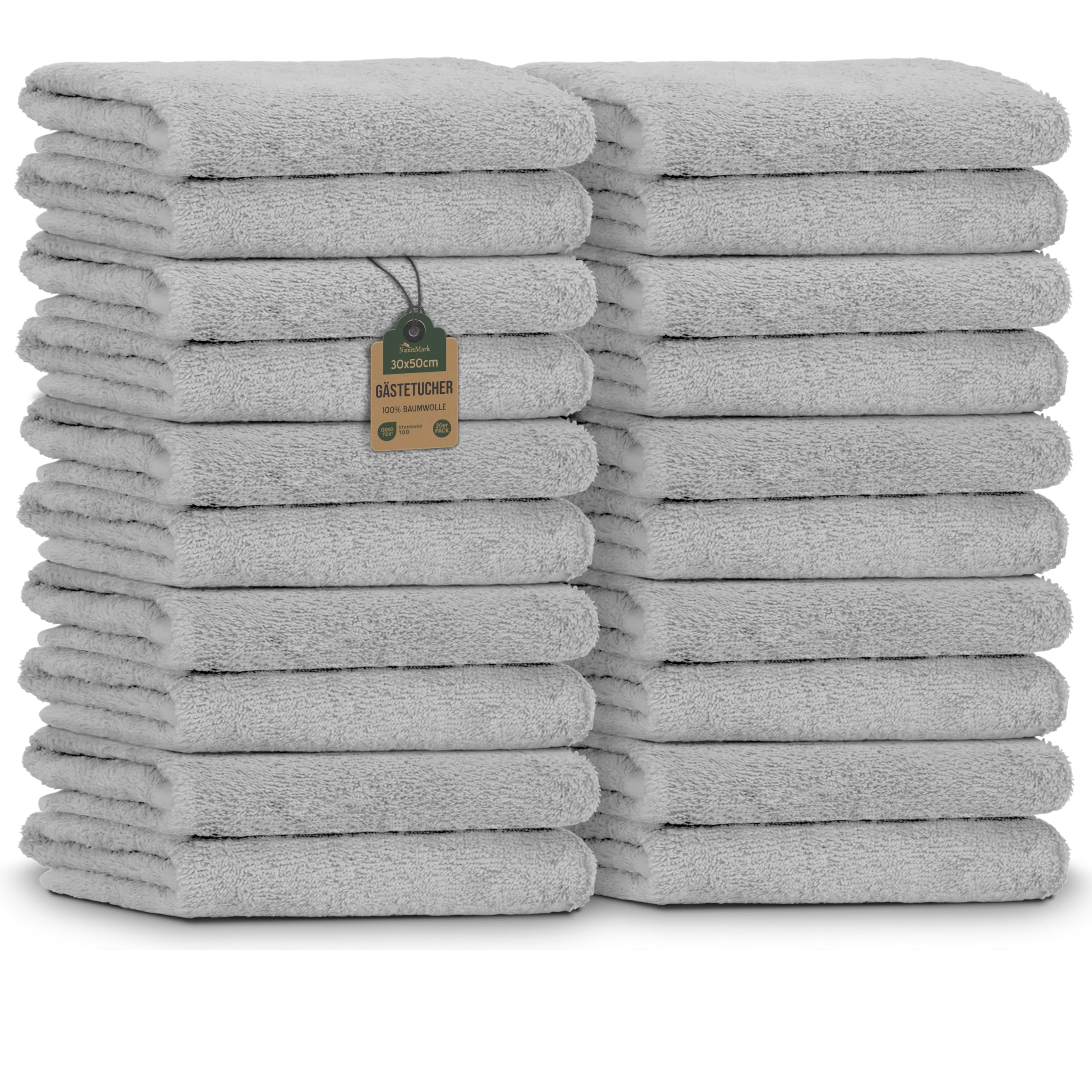 NatureMark Guest Towels - 20 Pack - 100% Cotton Oeko-Tex - Grey