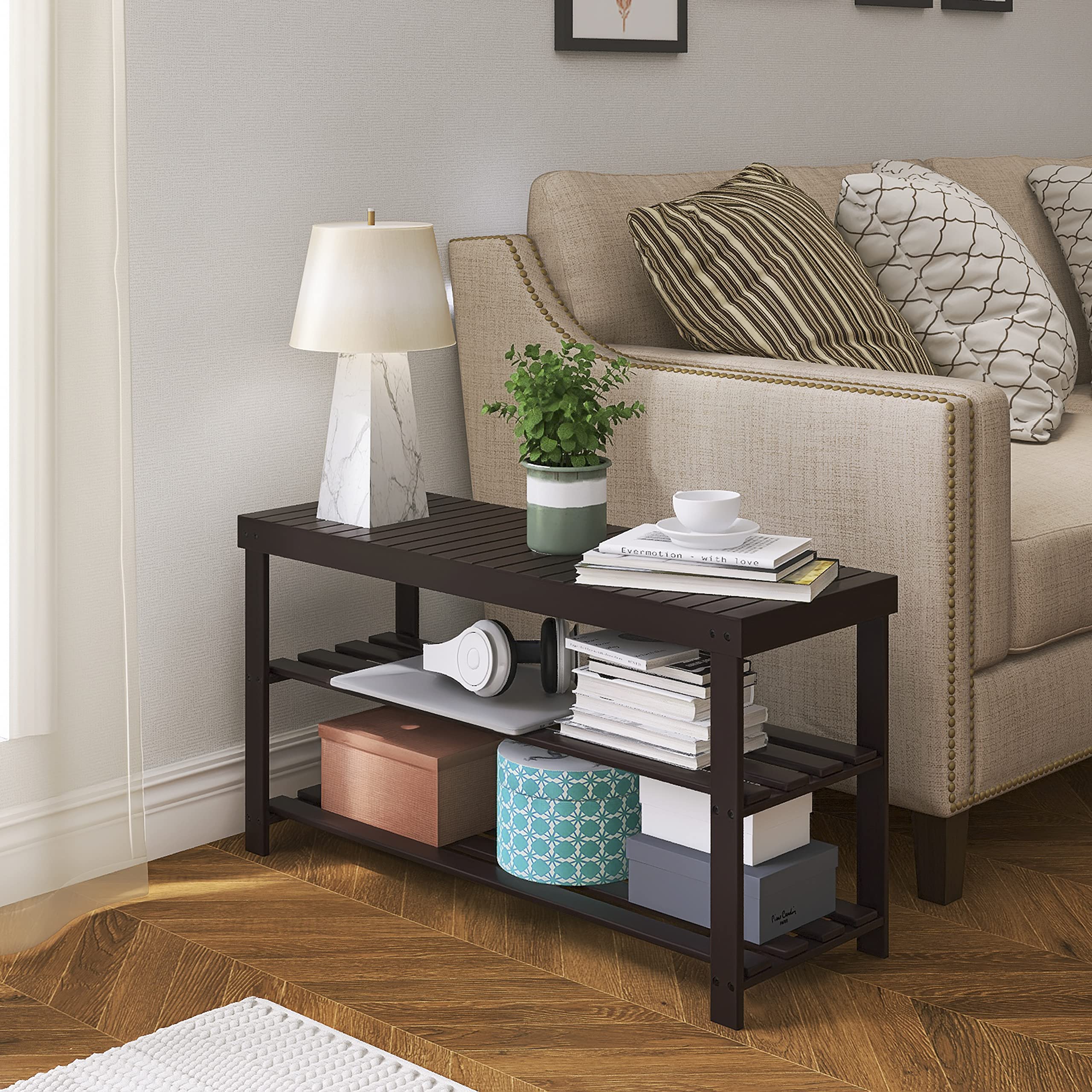 SMIBUY 3-Tier Bamboo Shoe Rack Bench – Sturdy Entryway Storage, Dark Brown