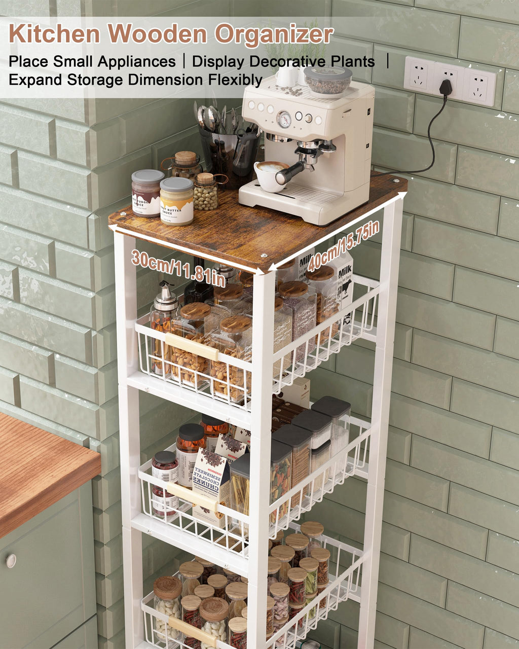 Ornestia 5-tier Vegetable Rack with Wooden Top for Kitchen Storage（White - image 4