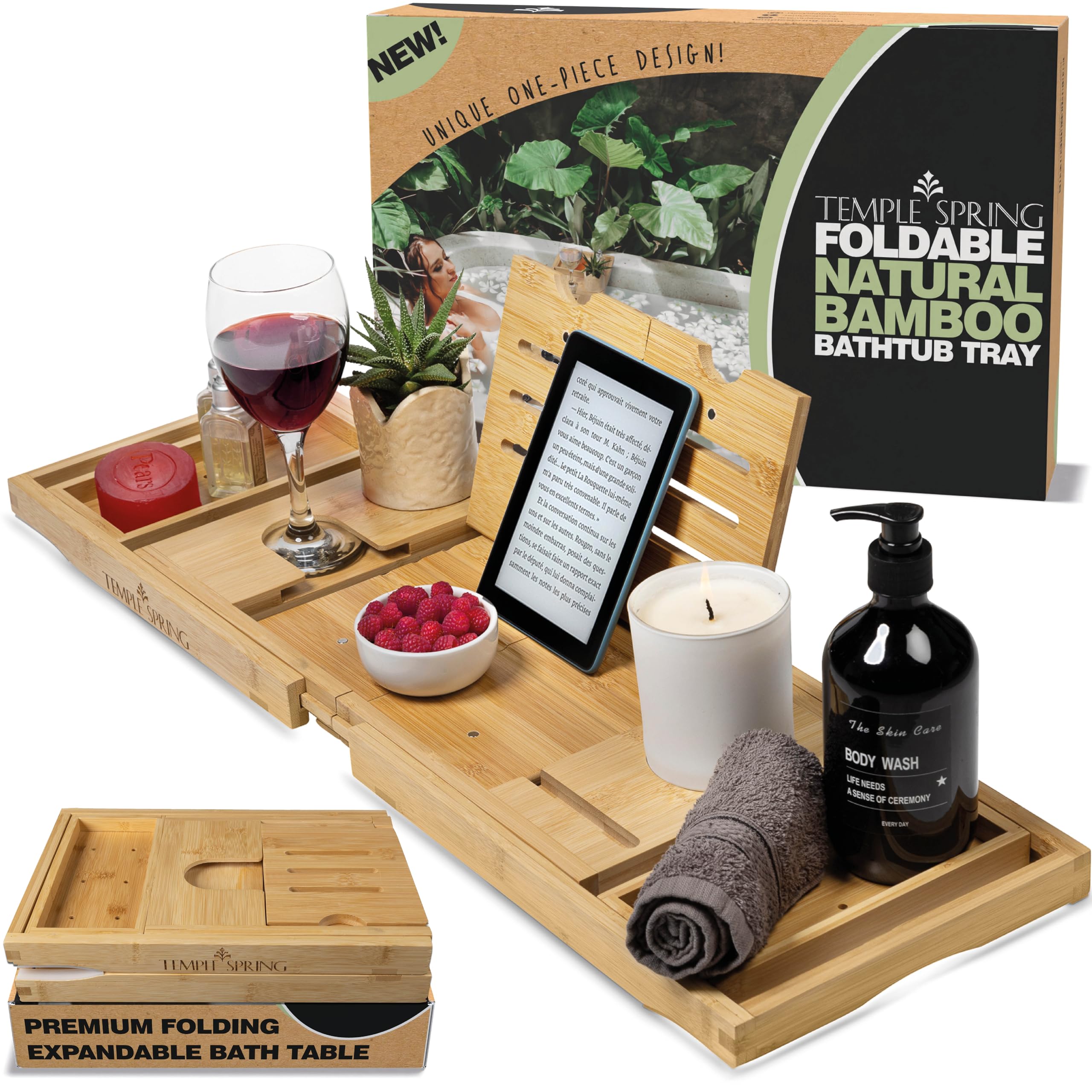 Temple Spring Foldable Bamboo Bathtub Caddy – Wooden Spa Tray for Bath