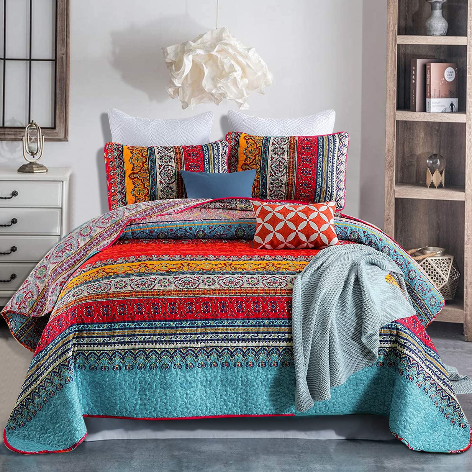 WONGS BEDDING King Bohemian Reversible Quilt | Soft Microfiber Bedspread