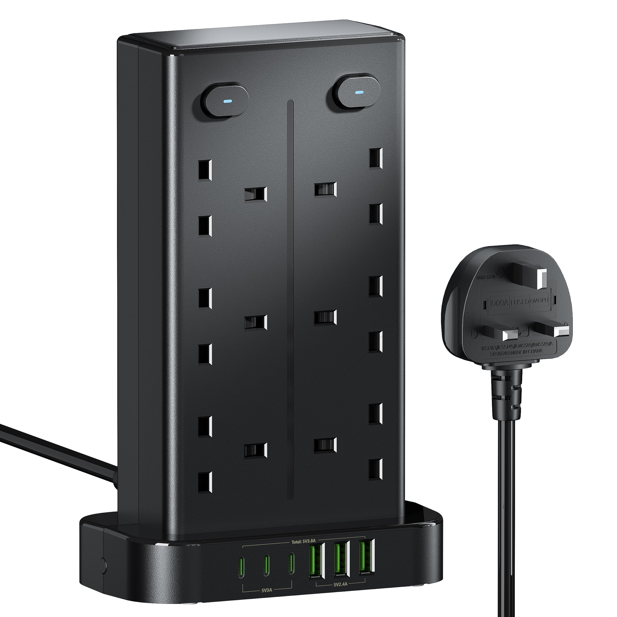 Jolof Store 12-Way Tower Extension Lead with 6 USB Ports – 1.8m