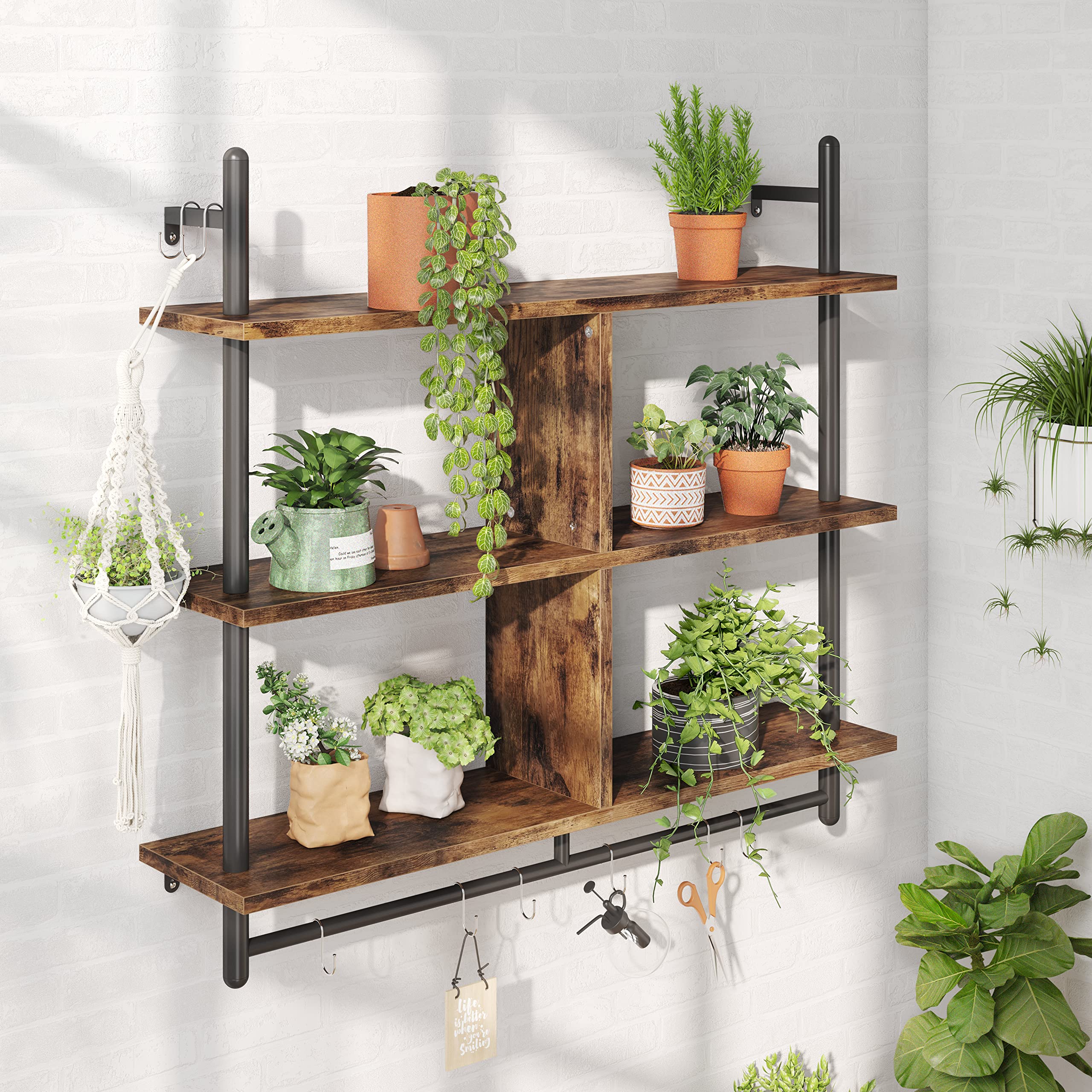 Bestier 115CM Industrial Pipe Shelving | 3-Tier Wall Mounted Ladder Shelf