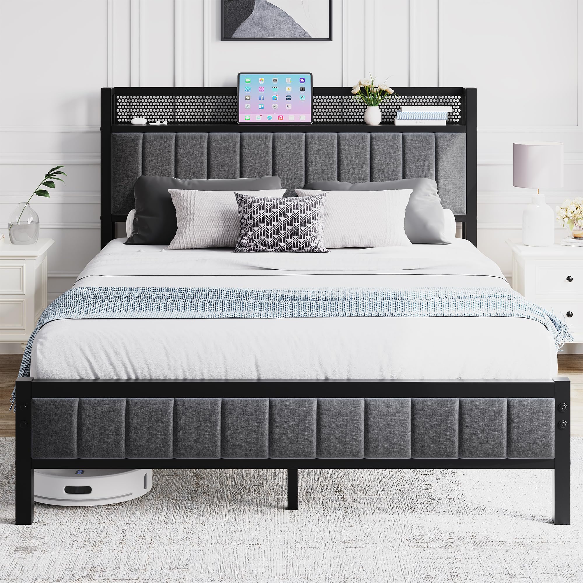 BORPHOM Double Bed Frame | Upholstered Metal Platform with Storage Shelf
