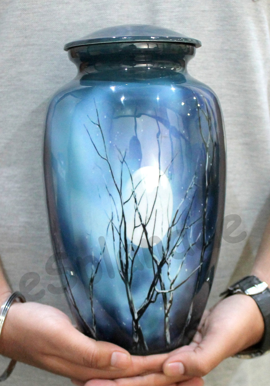 eSplanade Blue Sky Moon Cremation Urn – Metal Memorial Jar for Human Ashes