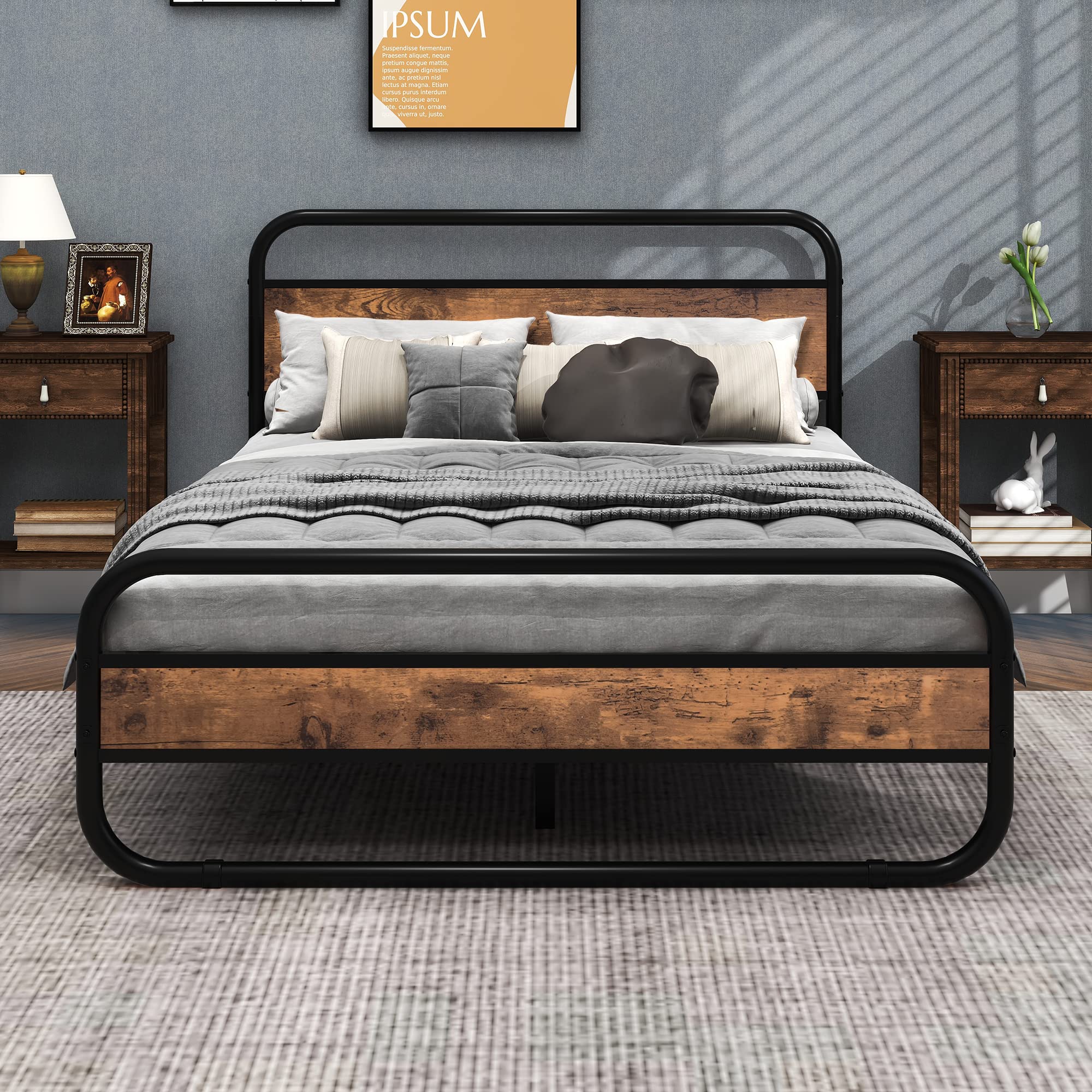 Diahomy Double Bed Metal Platform Bed Frame with Wood Headboard