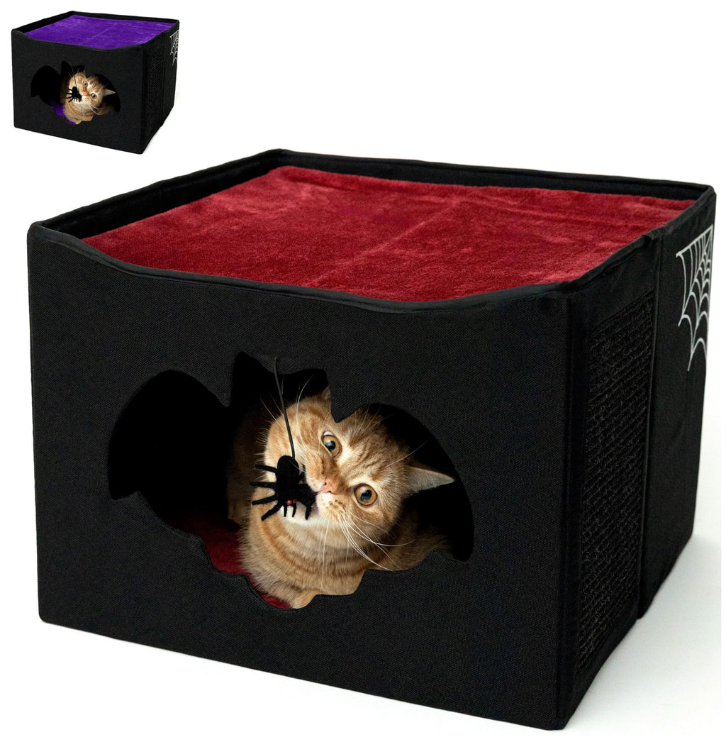 Gothic Cat Bed – Halloween House with Bat Entry and Scratch Pad