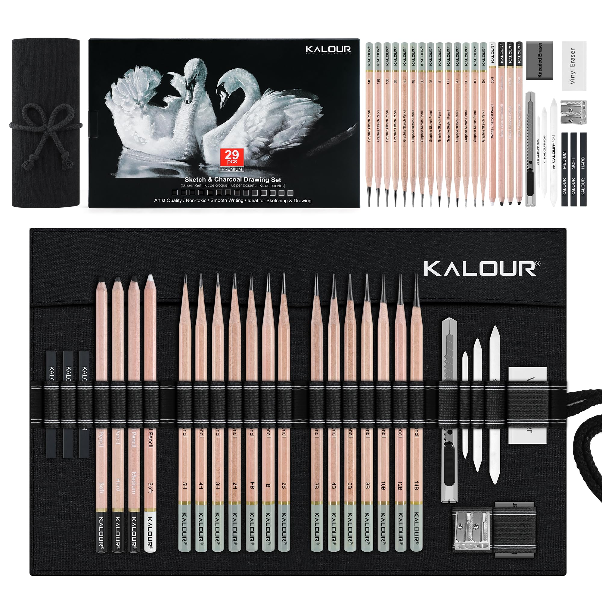 Kalour 29-Piece Sketching Drawing Pencils Set with Roll-Up Nylon Case