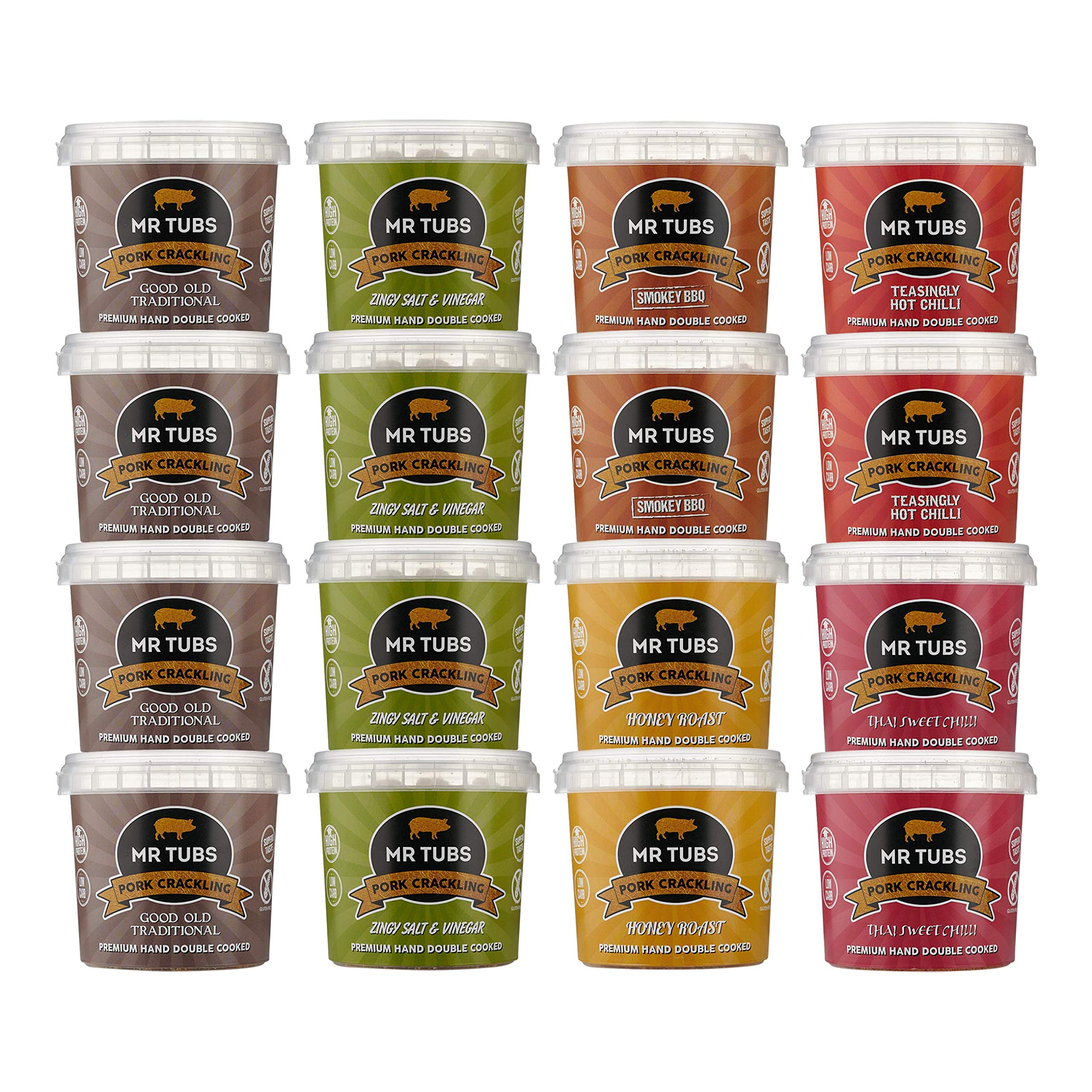 Mr Tubs Pork Crackling Mixed Flavours - Keto & Paleo Snacks (Pack of 16)